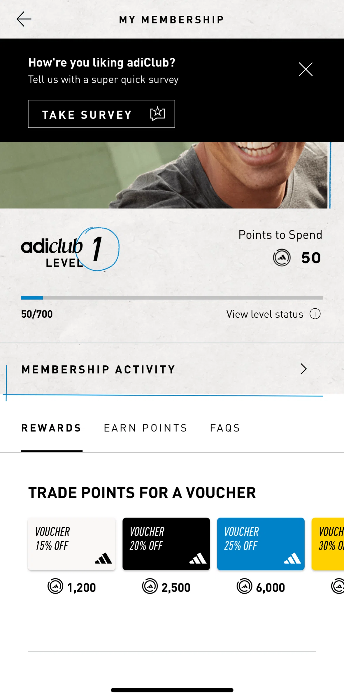 adidas Screen screen in the Voucher details flow