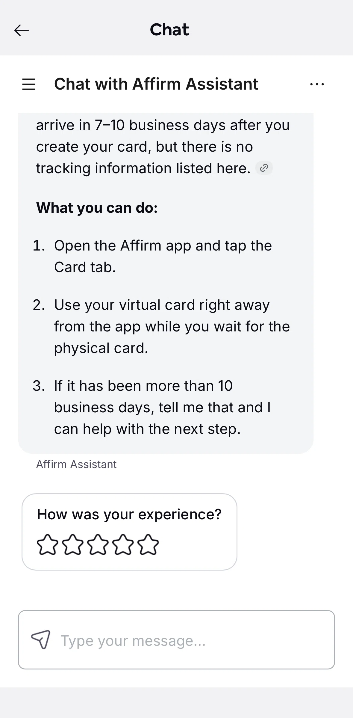 Affirm Screen screen in the Closing a chat flow