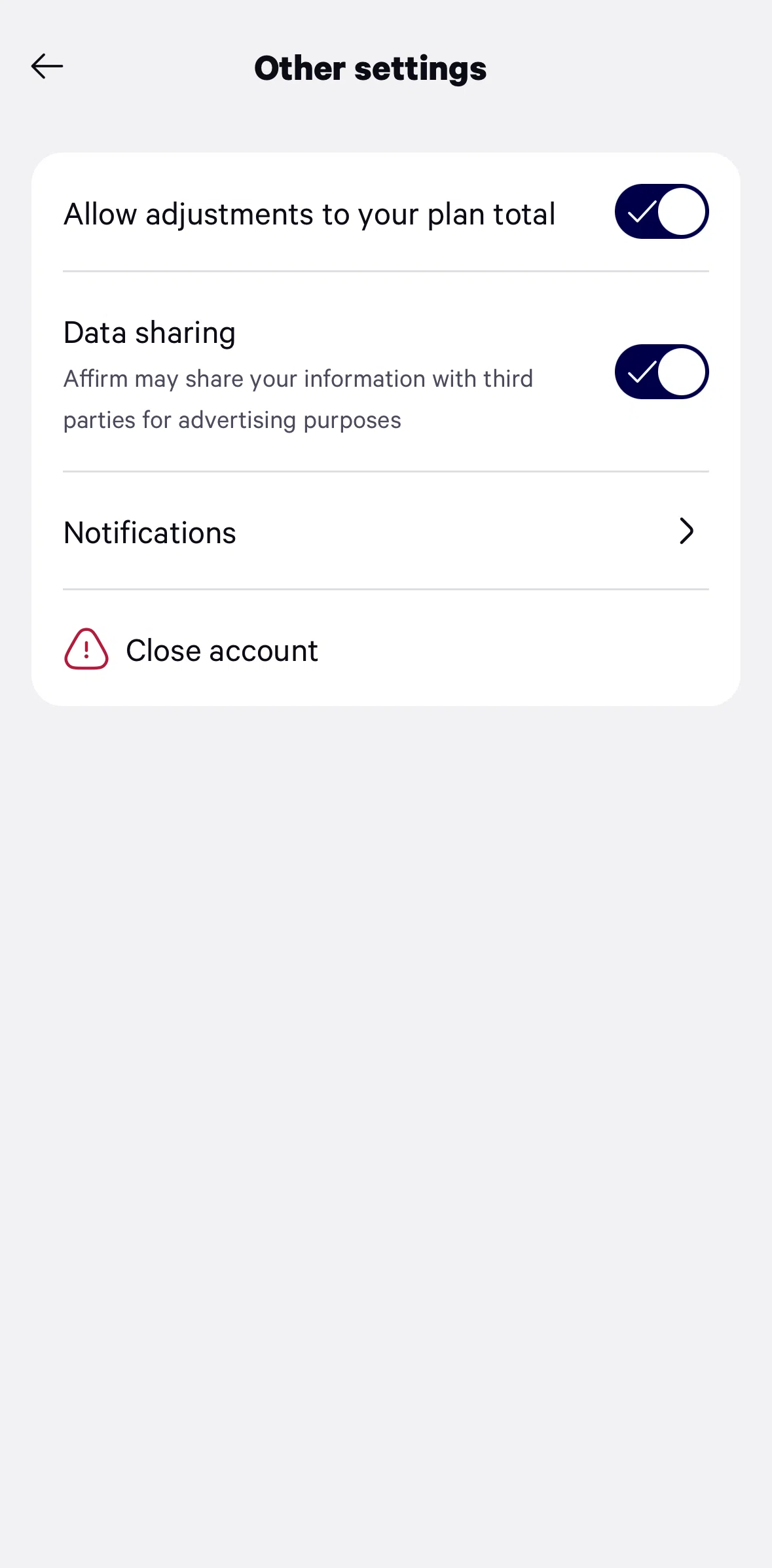 Affirm Screen screen in the Disabling data sharing flow