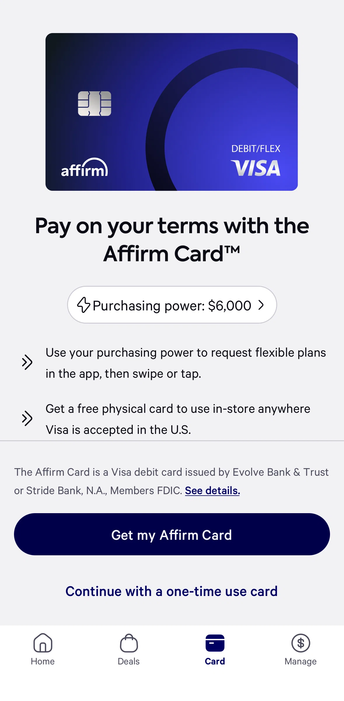 Affirm Screen screen in the Get my affirm card flow