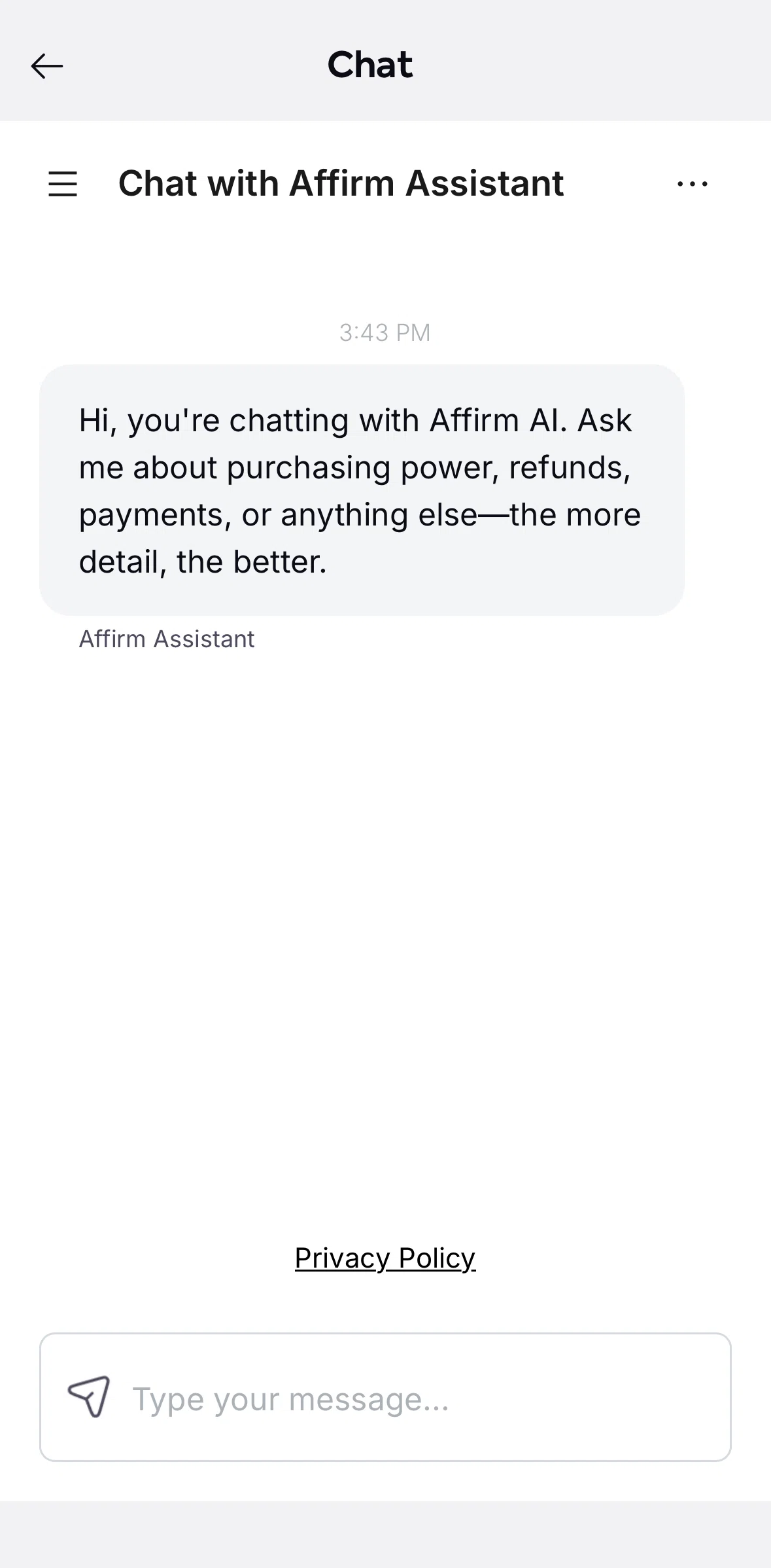 Affirm Screen screen in the Menu flow