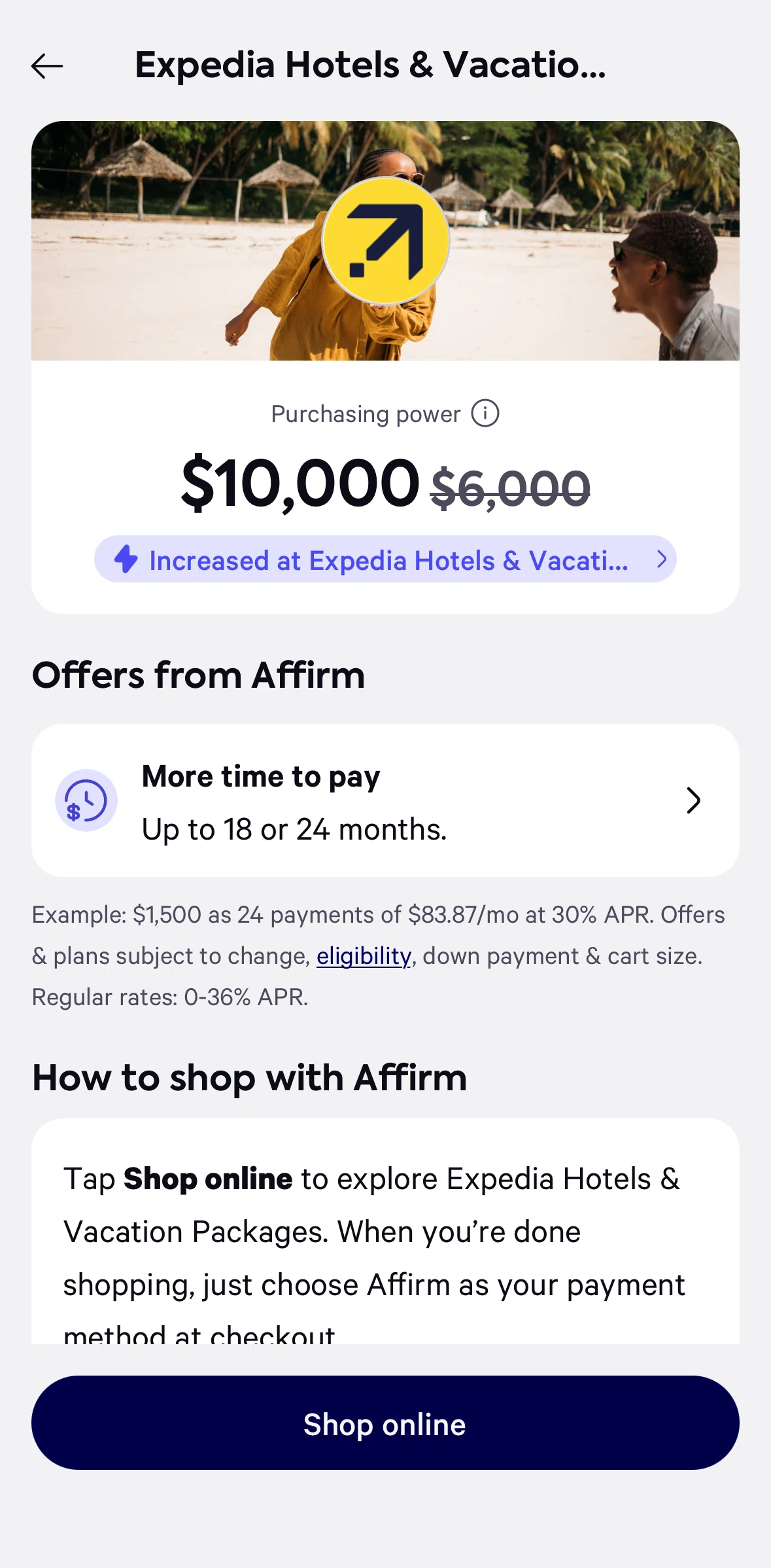 Affirm Screen screen in the Store information flow