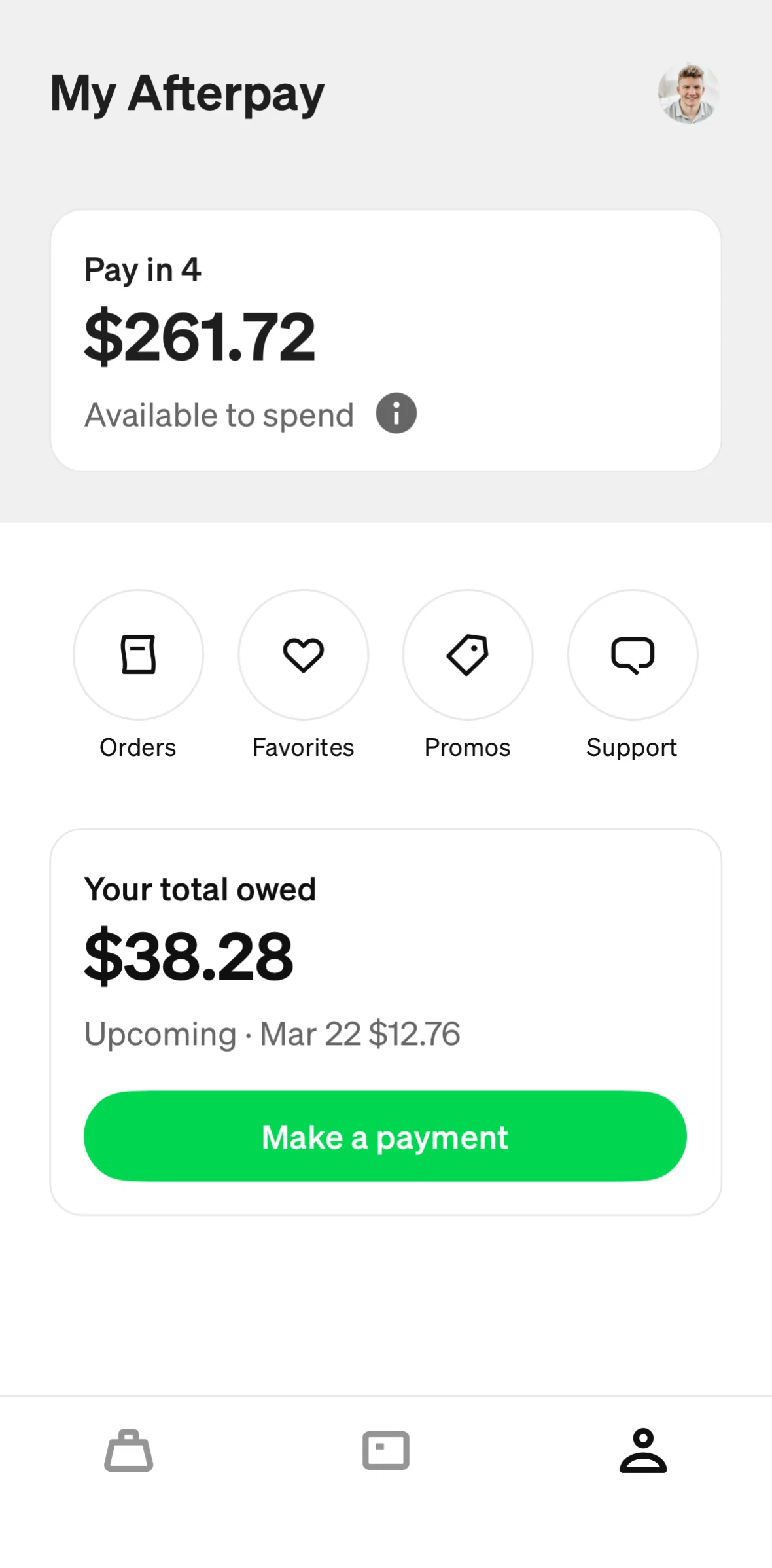 Afterpay Screen screen in the Account & settings flow