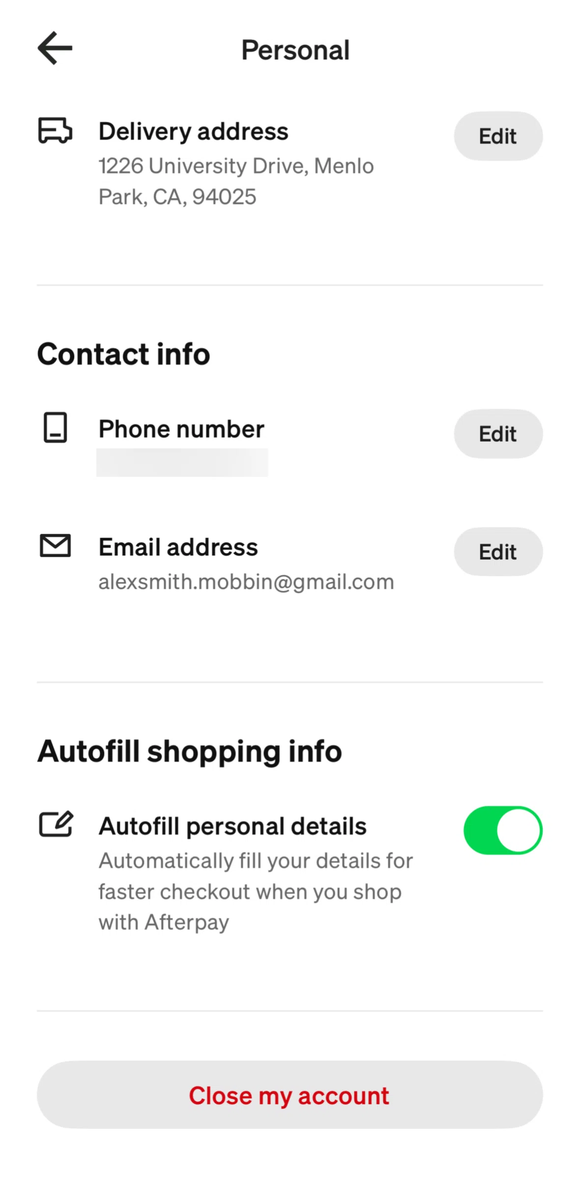 Afterpay Screen screen in the Adding a delivery address flow