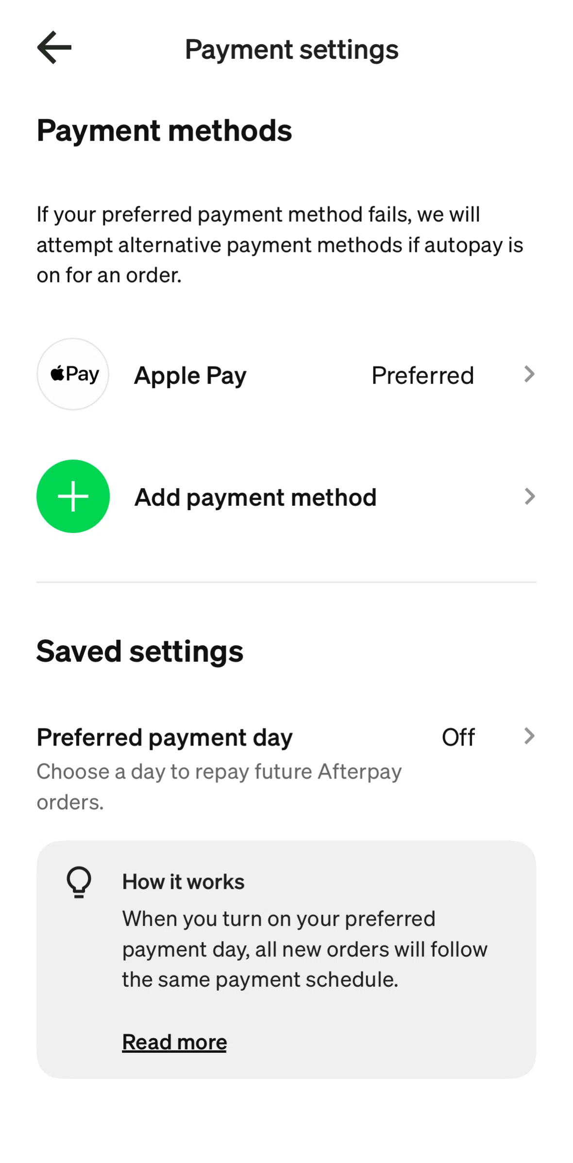 Afterpay Screen screen in the Adding a payment method flow