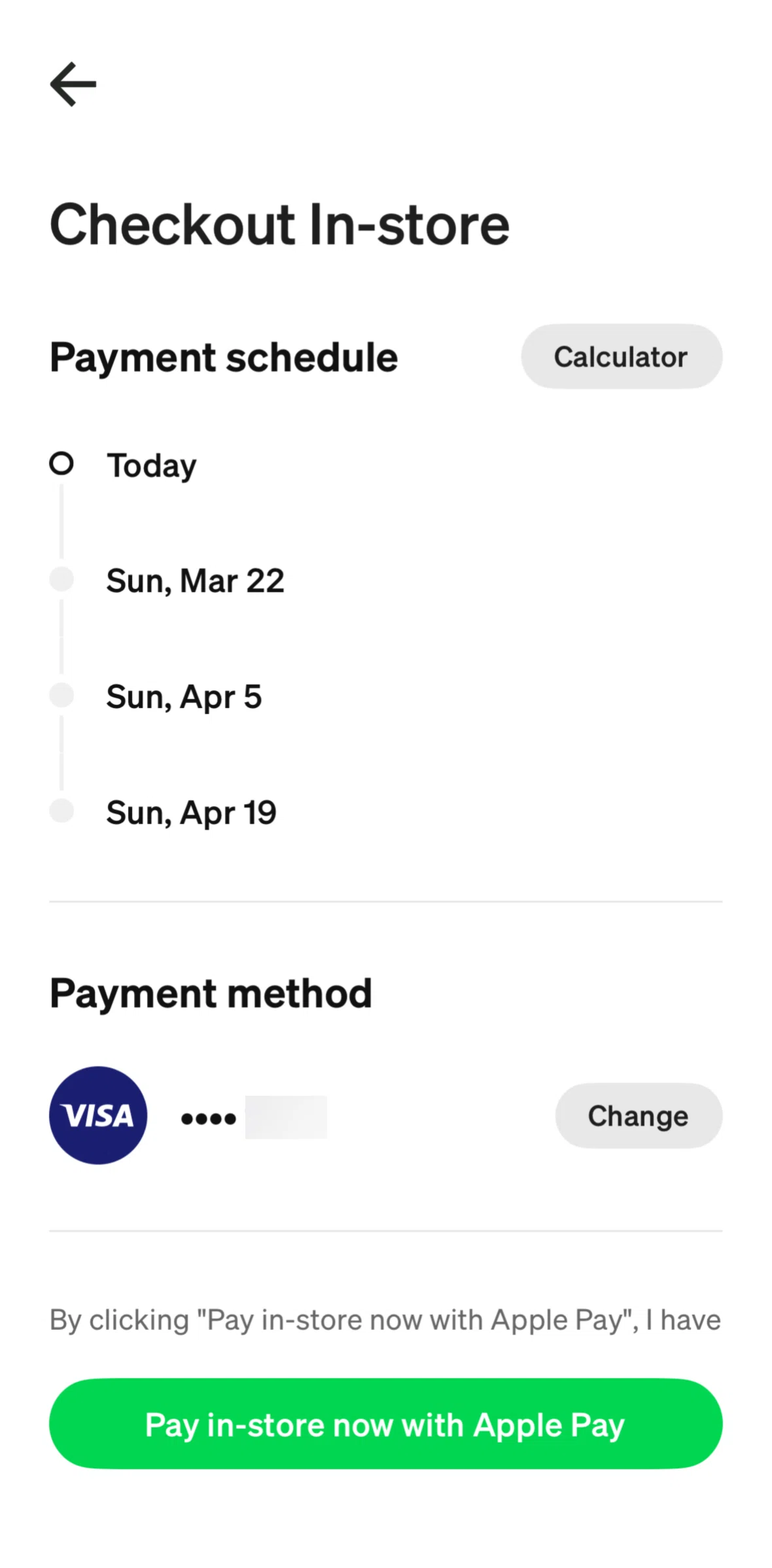 Afterpay Screen screen in the Changing a payment method flow