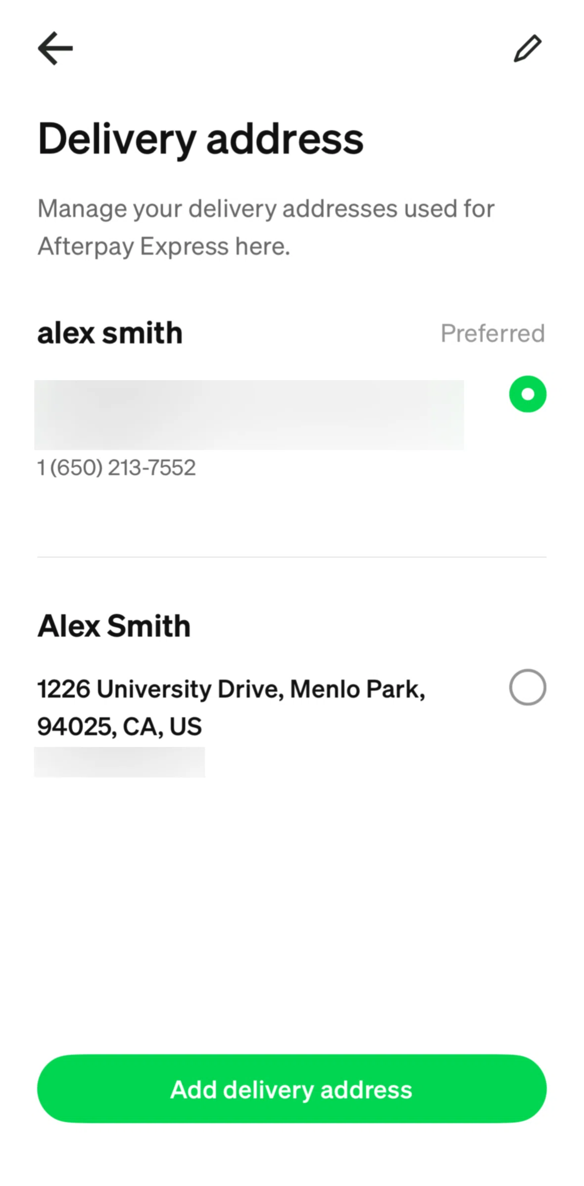 Afterpay Screen screen in the Deleting a delivery address flow
