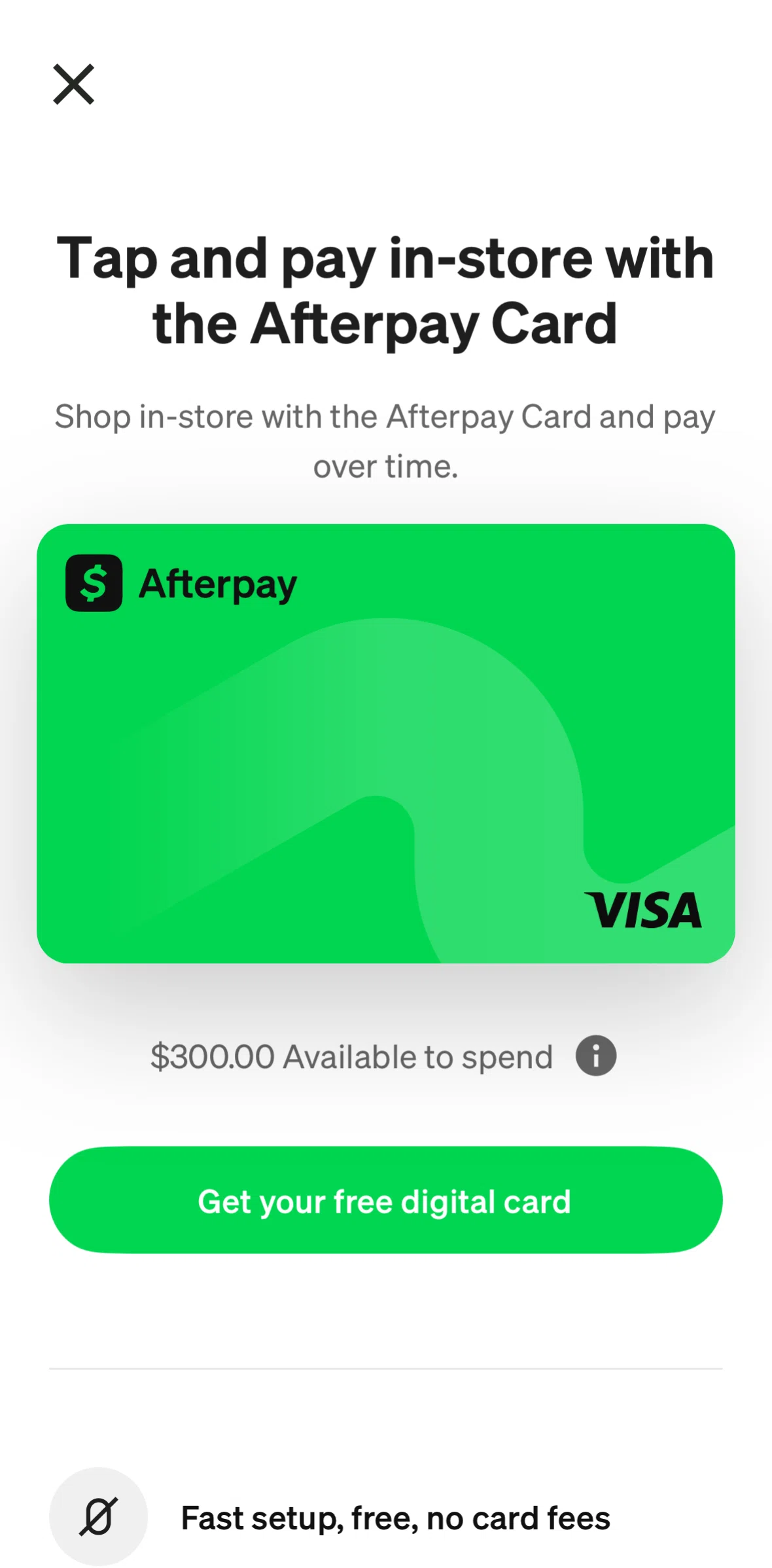 Afterpay Screen screen in the Getting a digital card flow