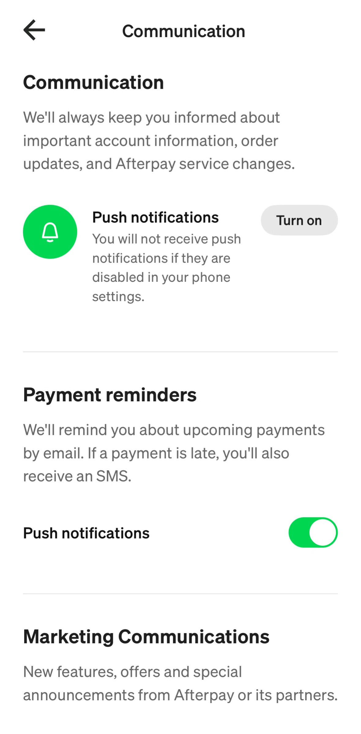 Afterpay Screen screen in the Turning on push notifications flow