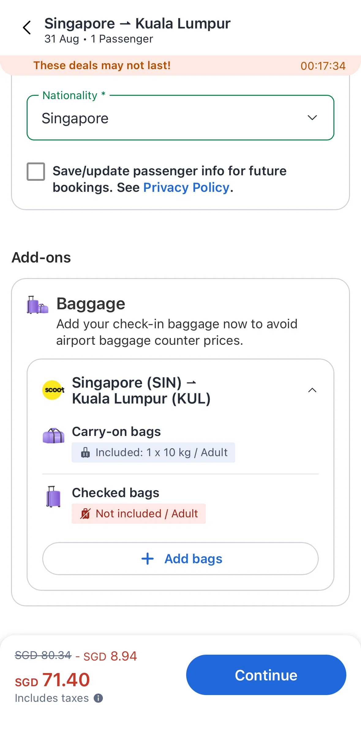 Agoda Screen screen in the Adding checked bags flow