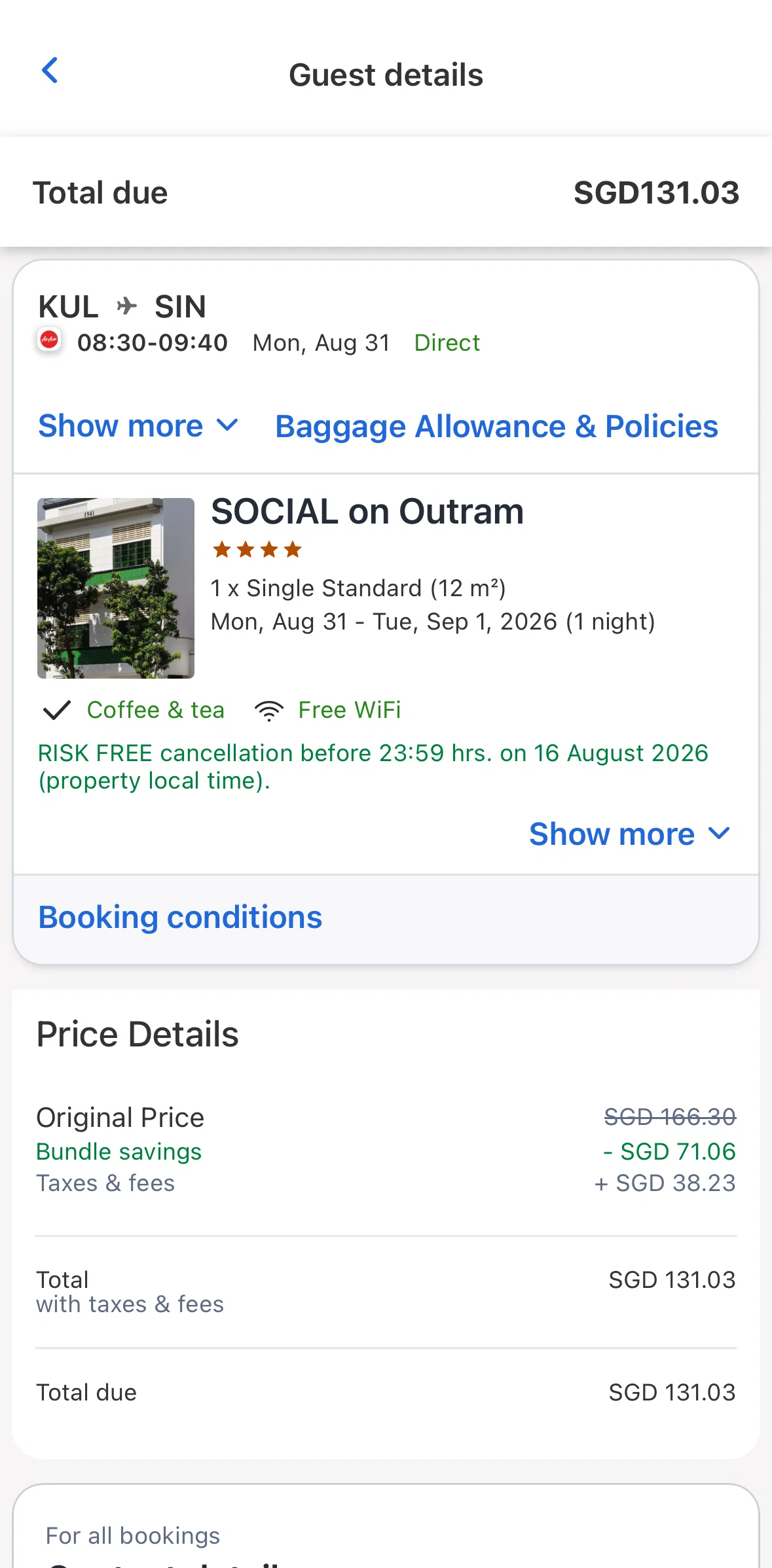 Agoda Screen screen in the Baggage allowance & policies flow