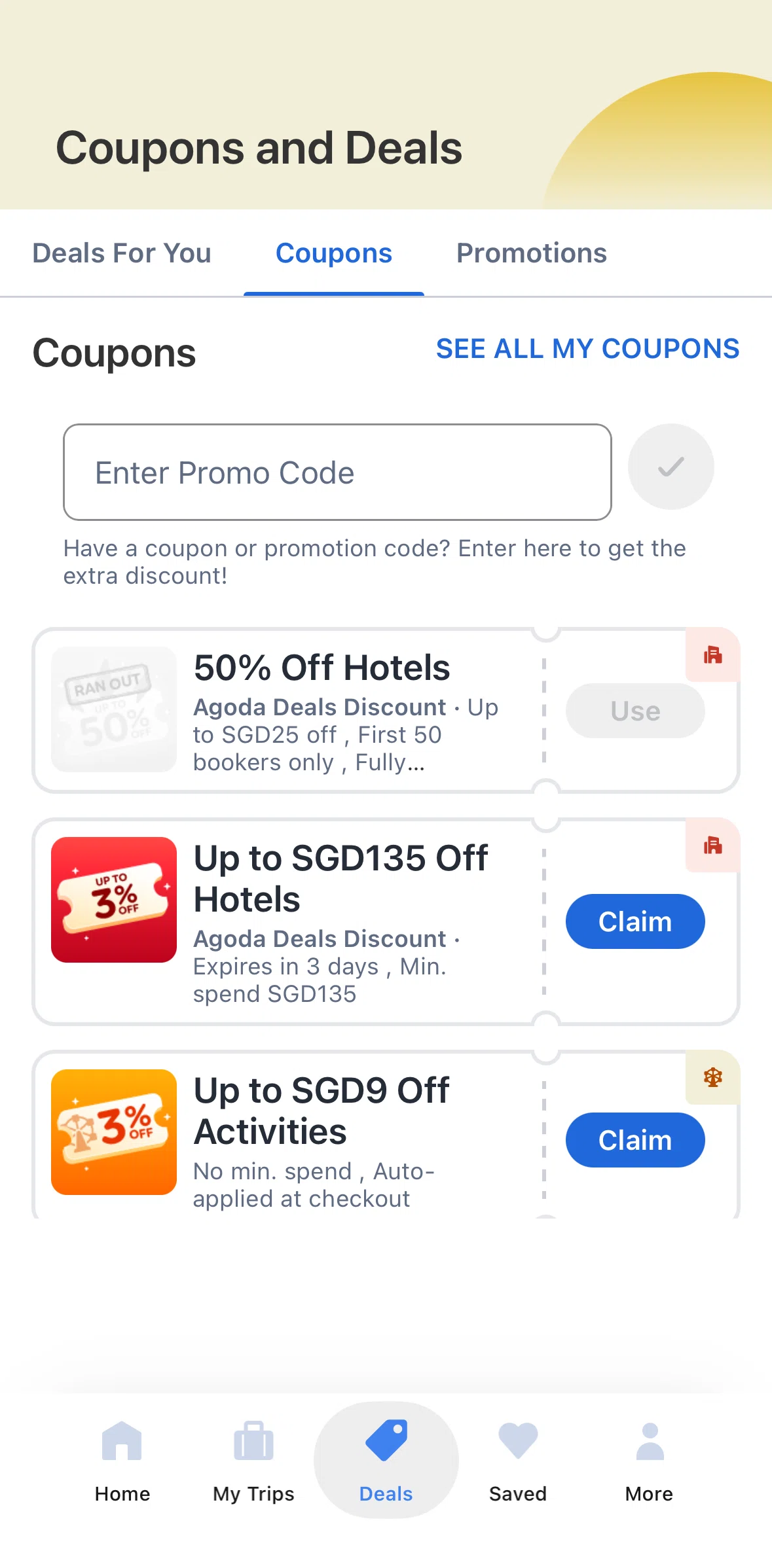 Agoda Screen screen in the Claiming a coupon flow