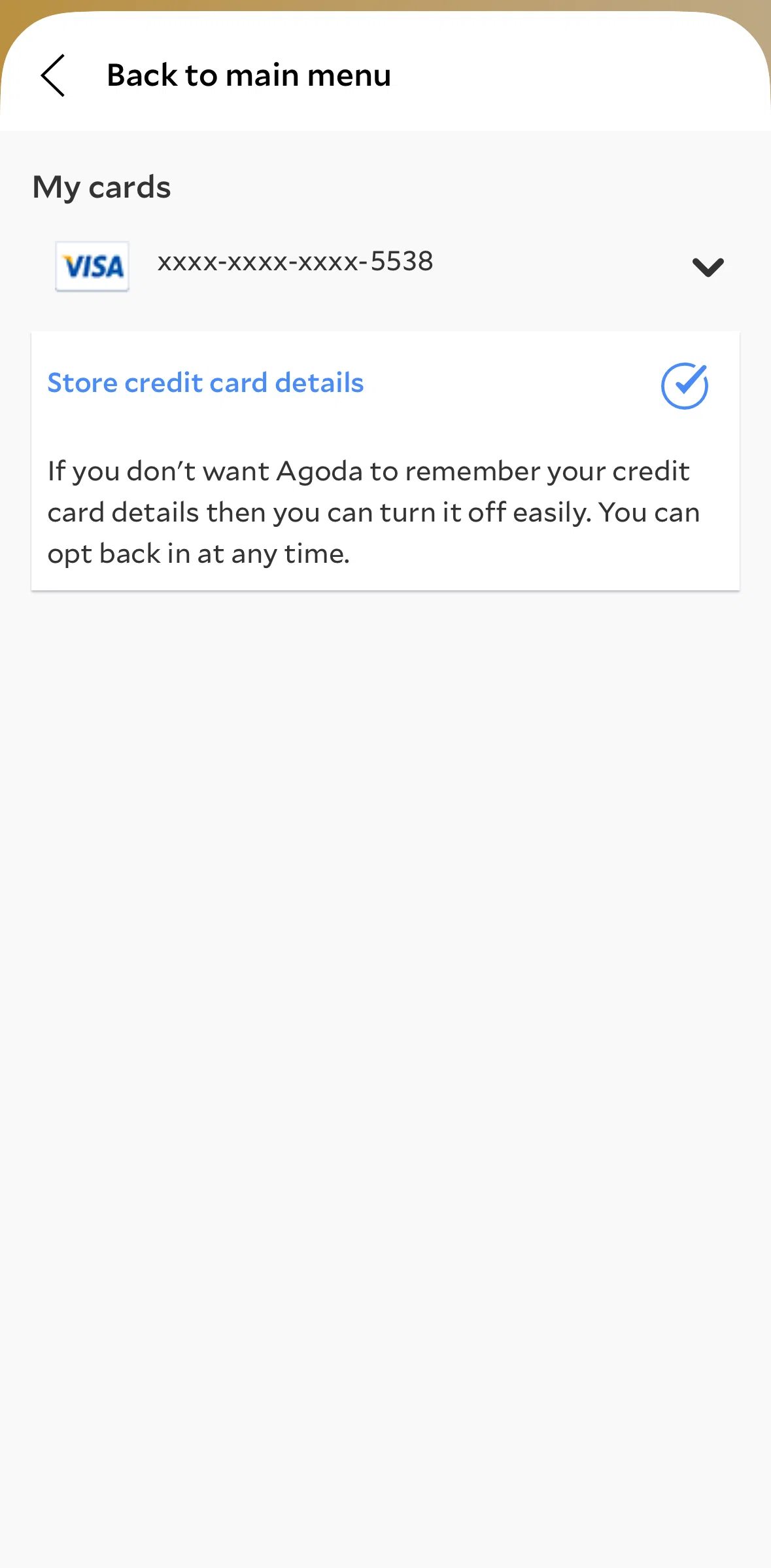 Agoda Screen screen in the Deleting a card flow