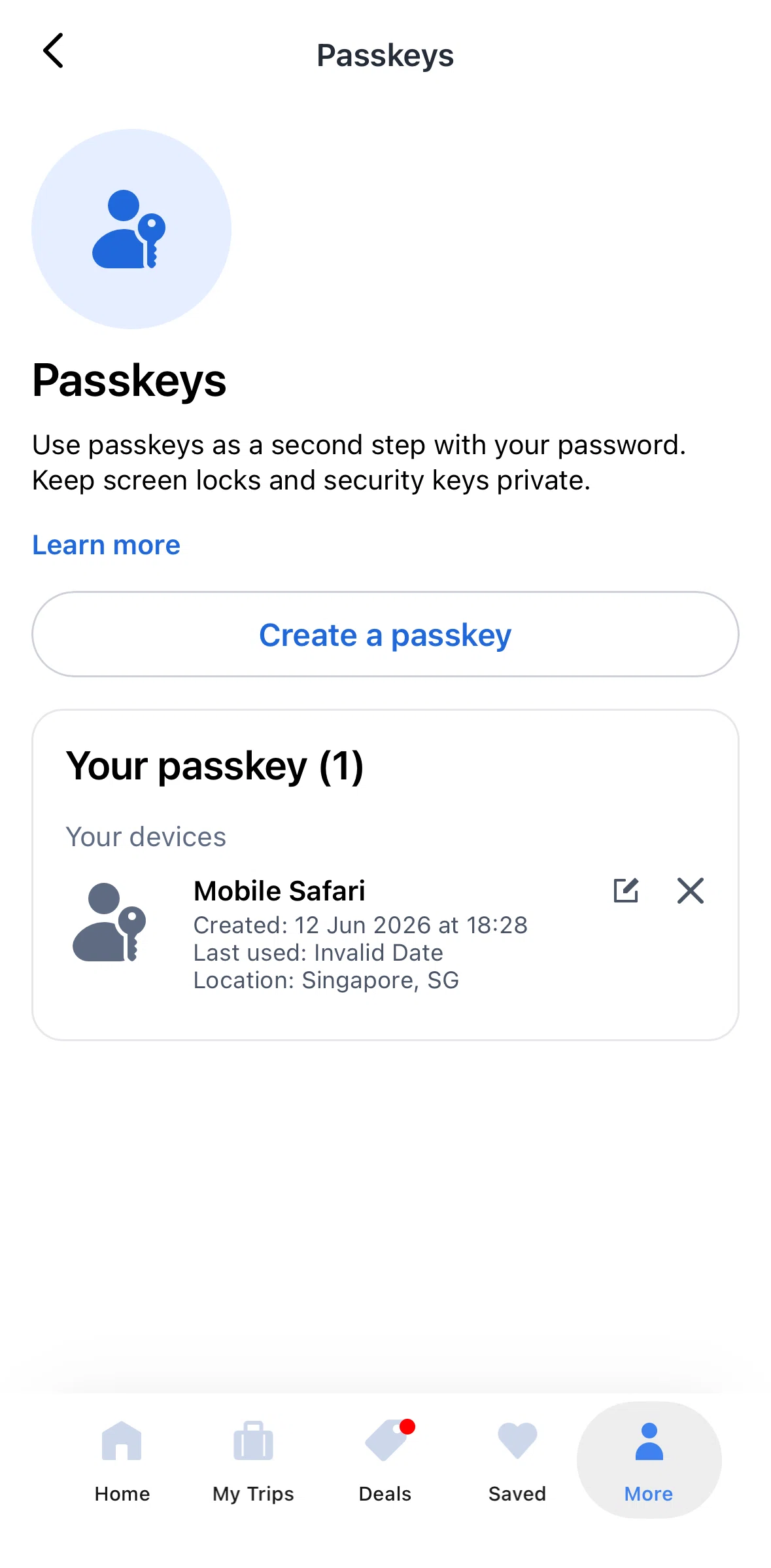 Agoda Screen screen in the Deleting a passkey flow