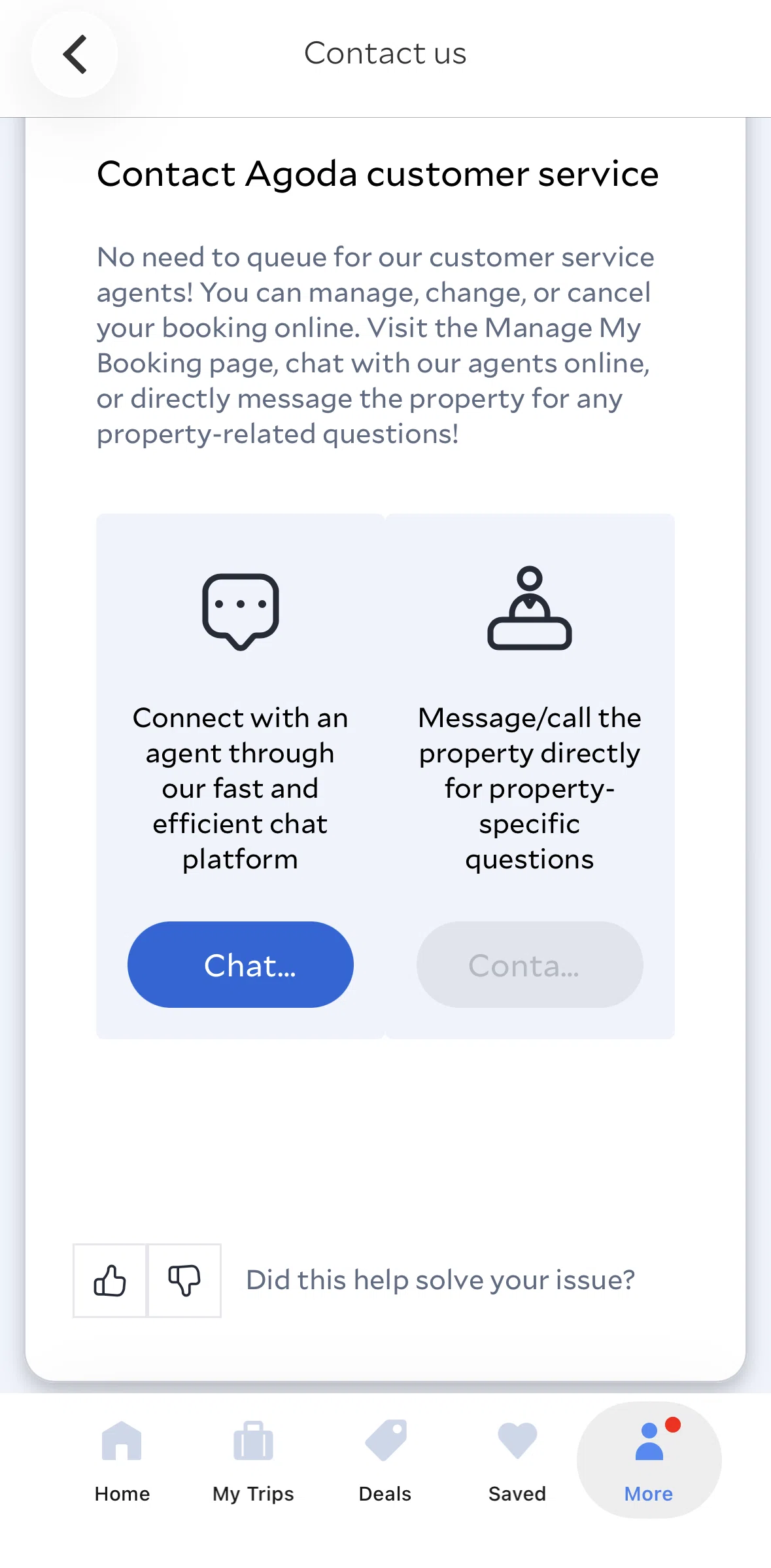 Agoda Screen screen in the Giving feedback (help center) flow