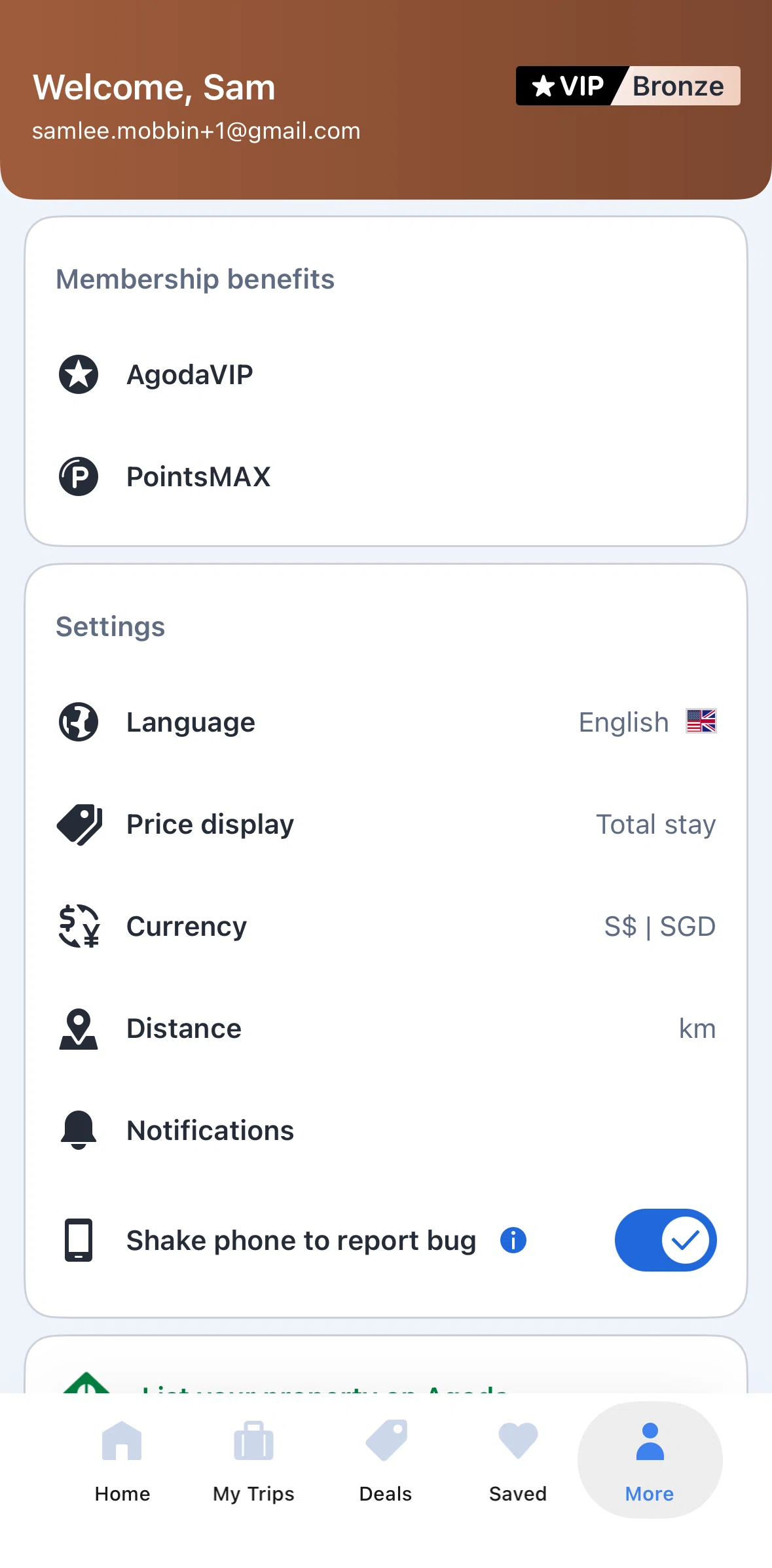 Agoda Screen screen in the Reporting a bug flow