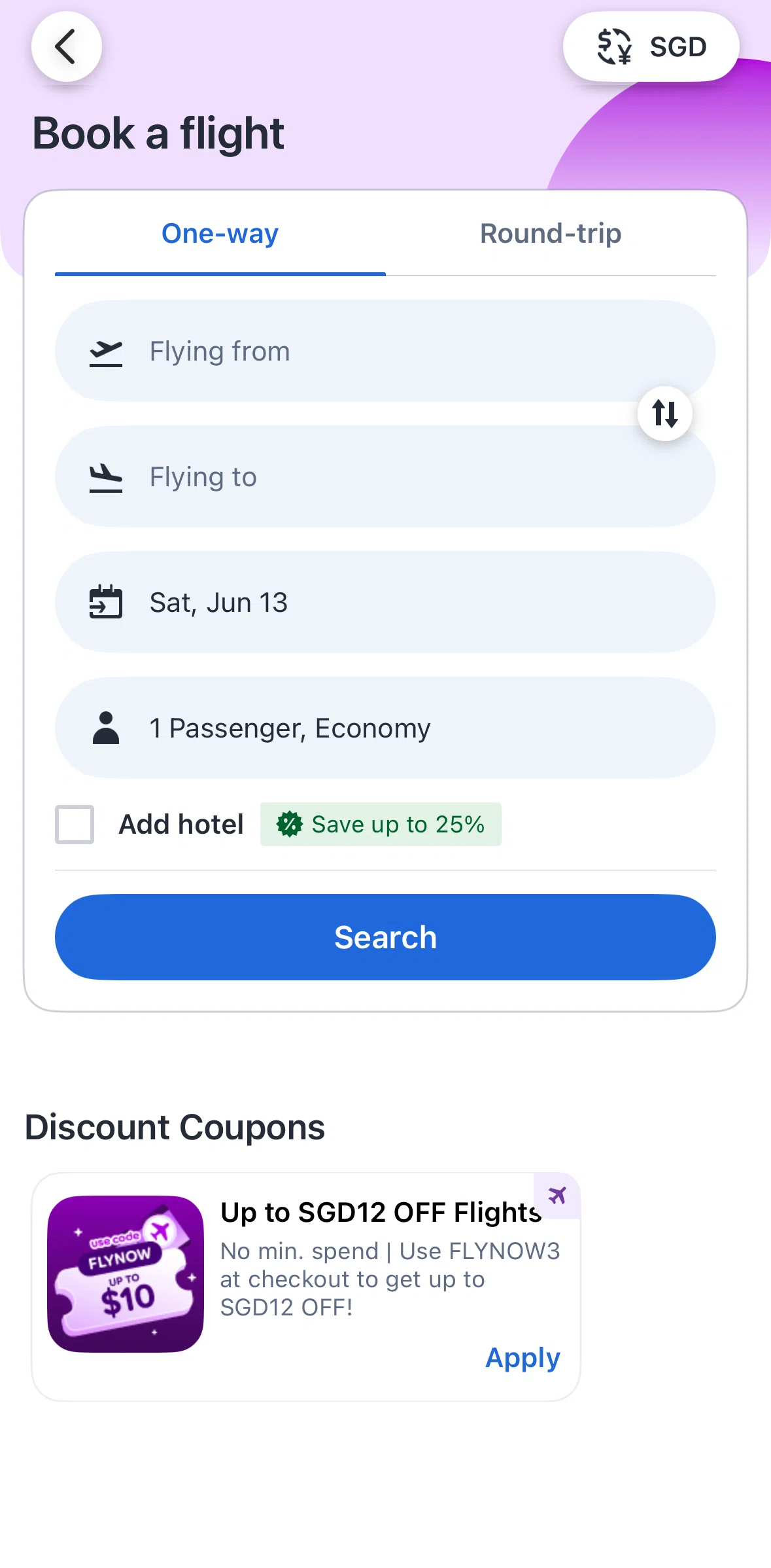 Agoda Screen screen in the Searching flights flow