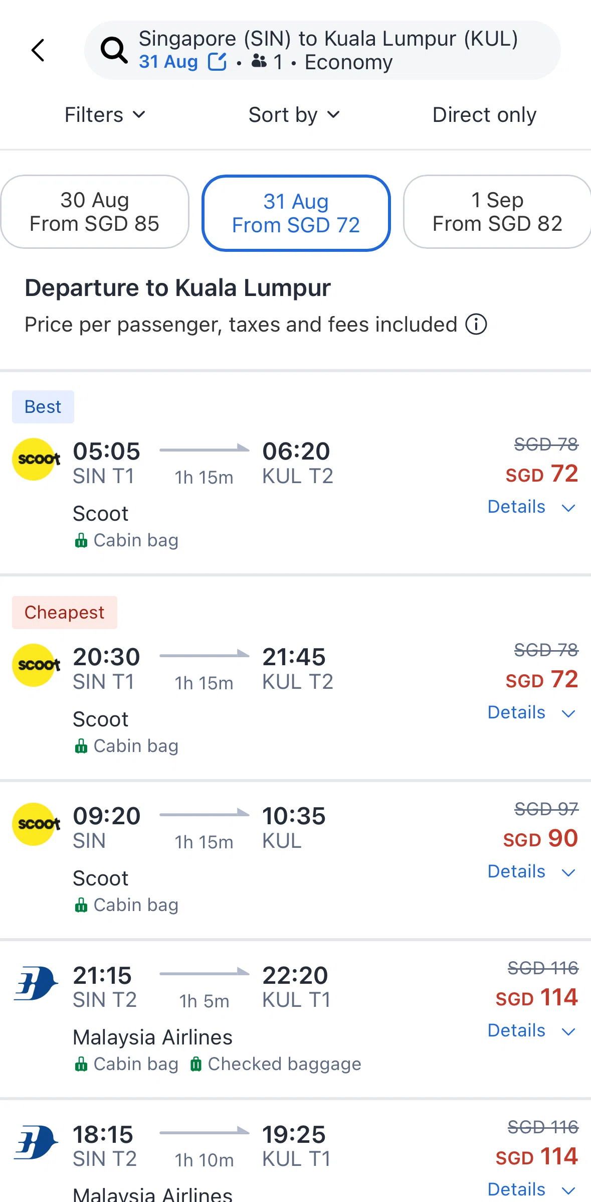 Agoda Screen screen in the Sorting flights flow