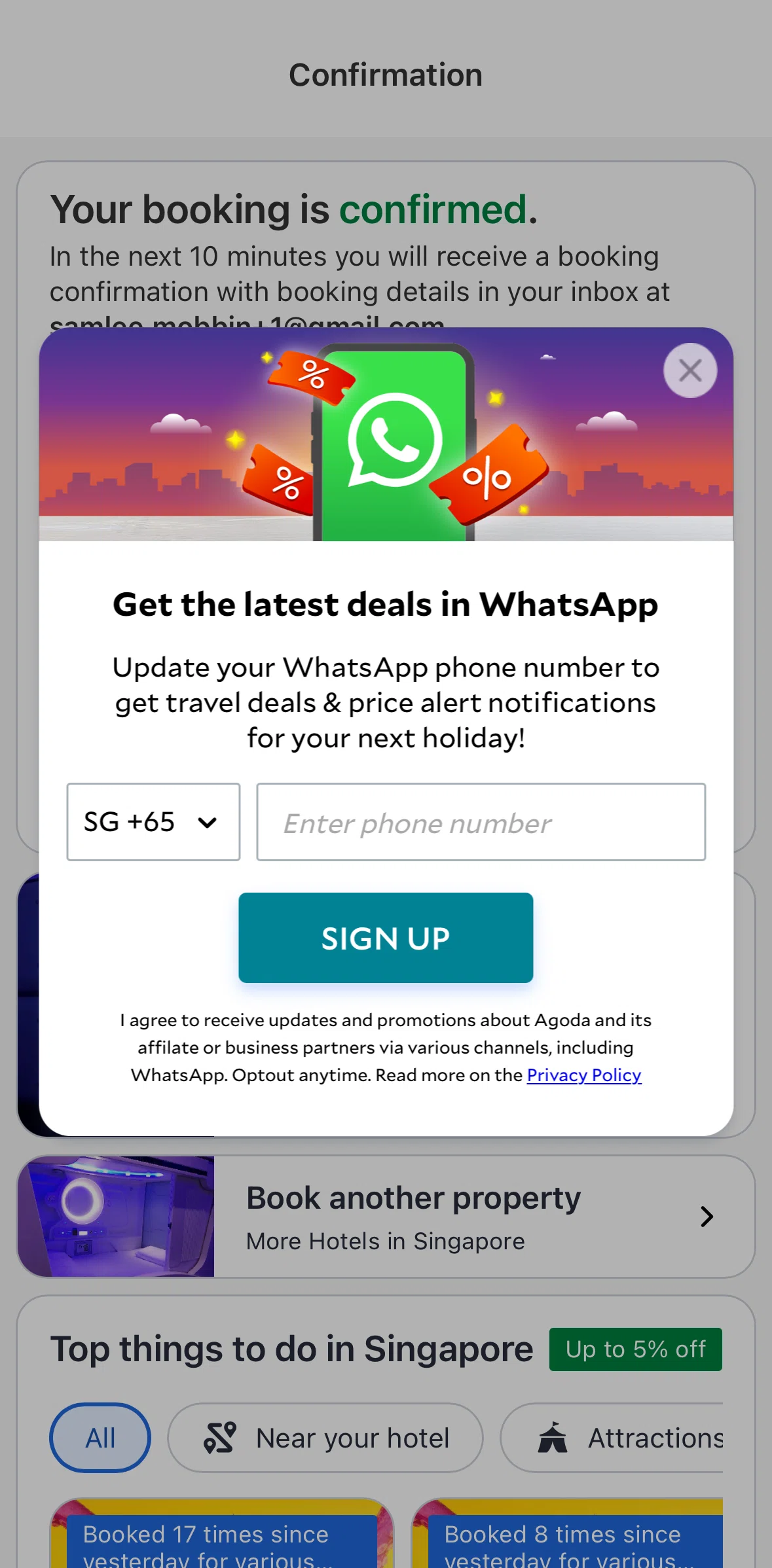 Agoda Screen screen in the Subscribing to Agoda WhatsApp account flow