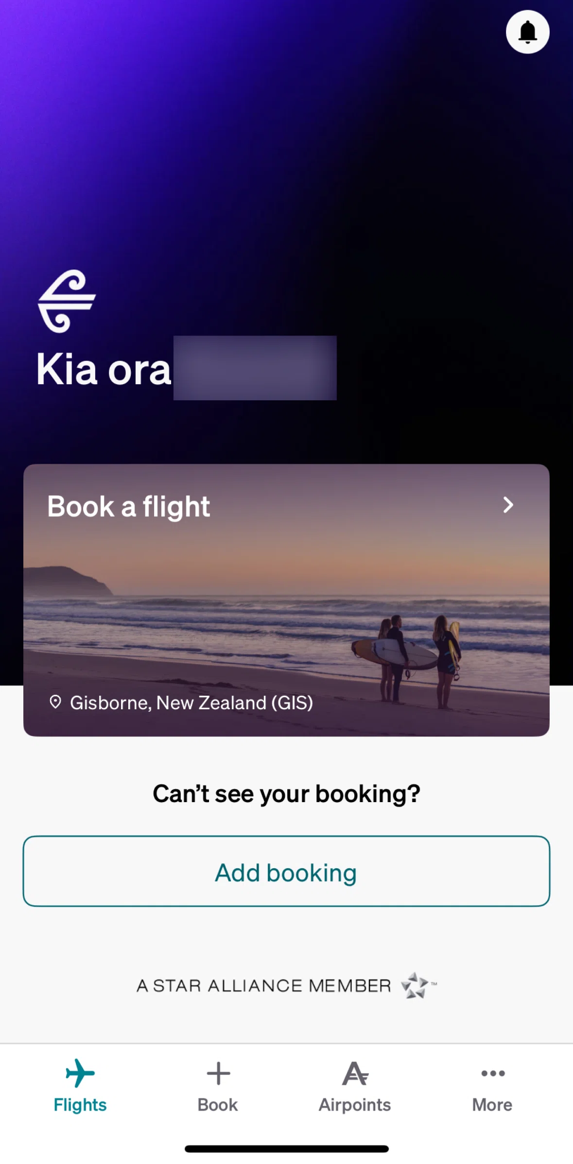 Air NZ Screen screen in the Adding a booking flow
