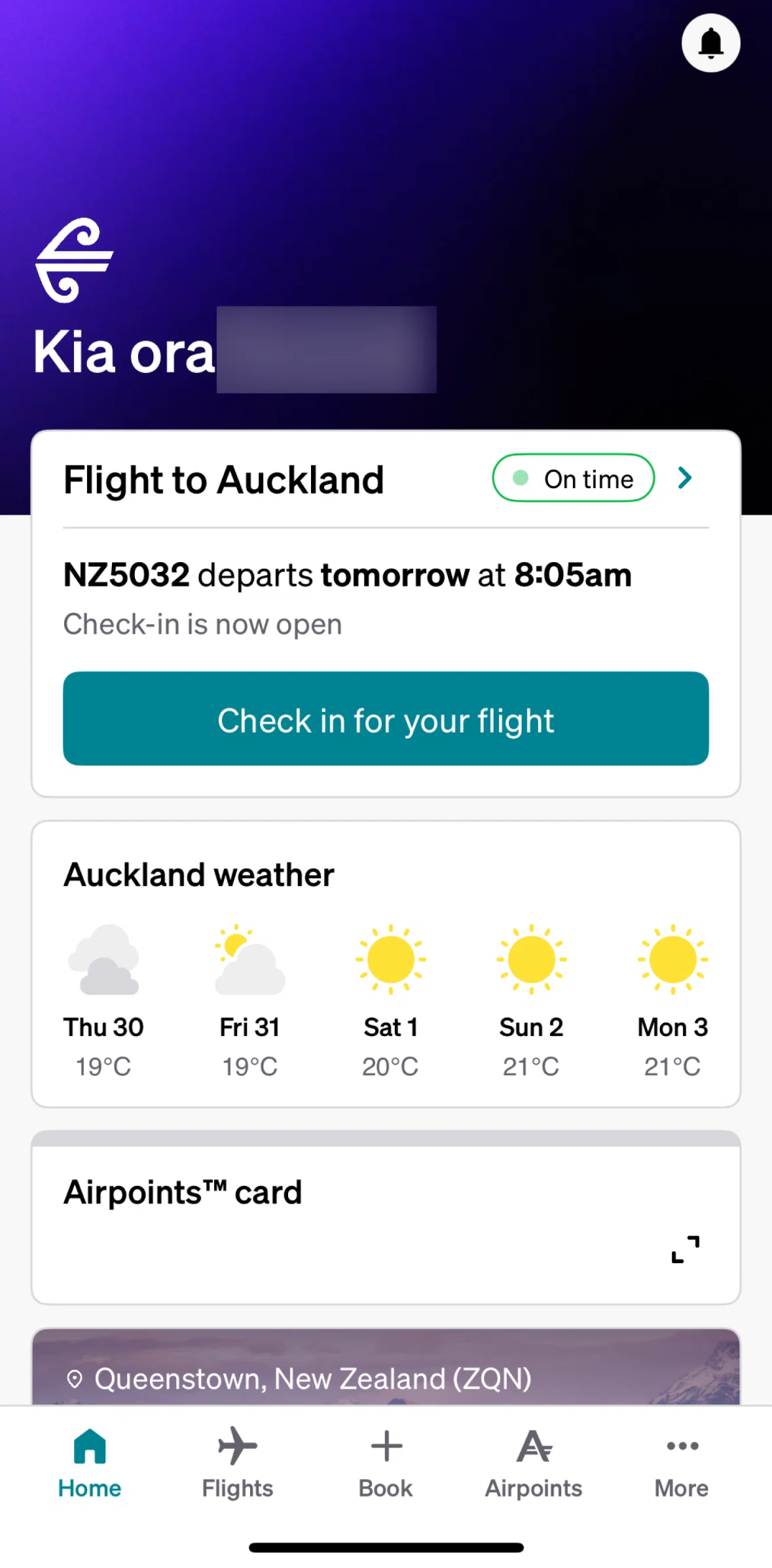 Air NZ Screen screen in the Airpoints flow