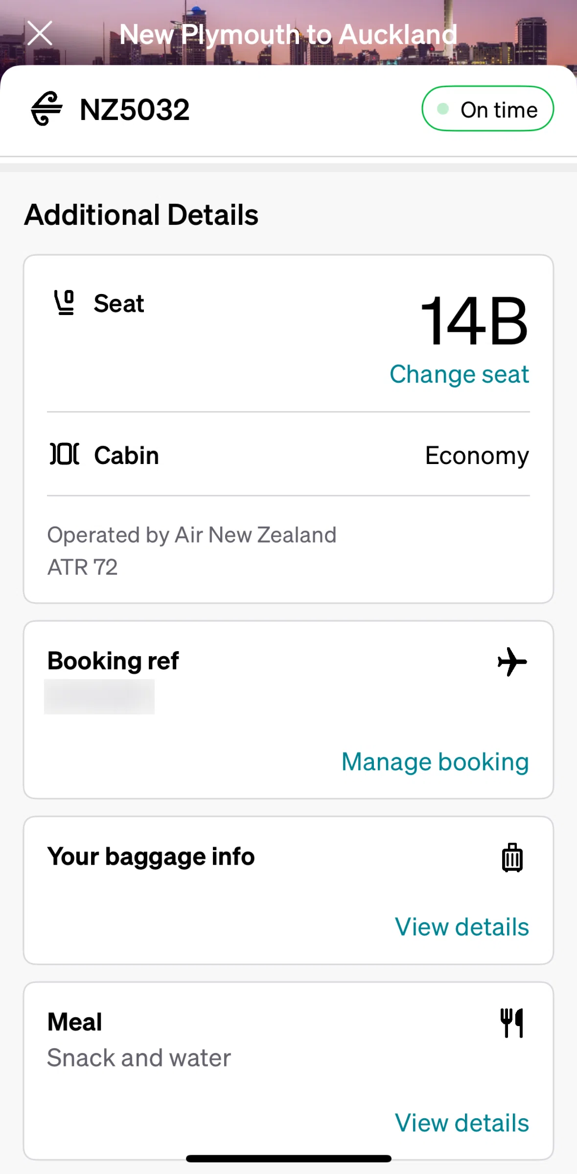 Air NZ Screen screen in the Meal info flow