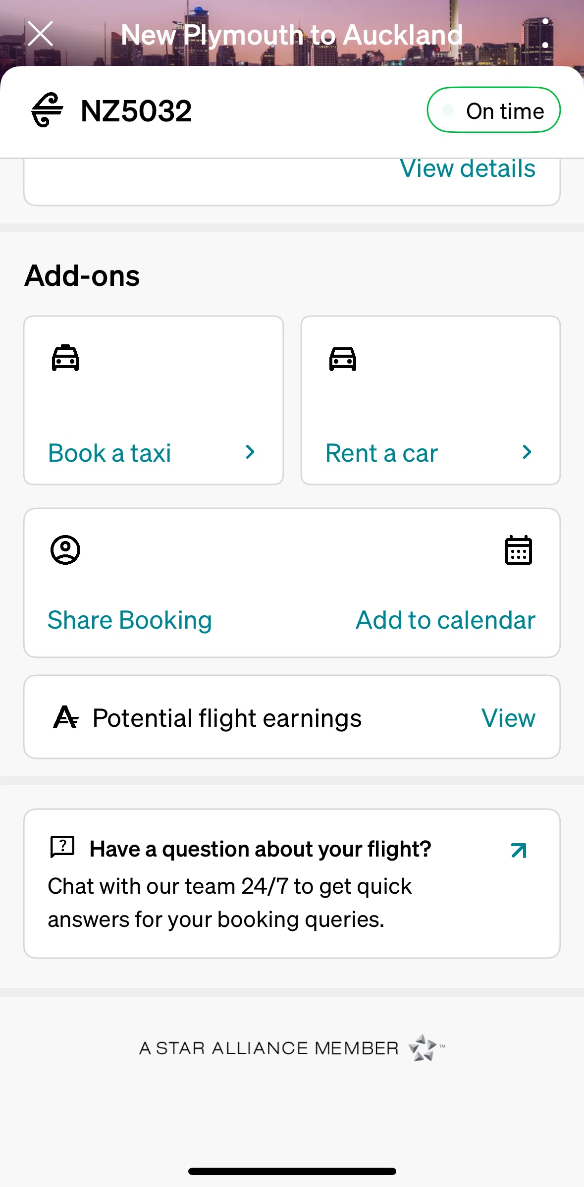 Air NZ Screen screen in the Potential flight earnings flow