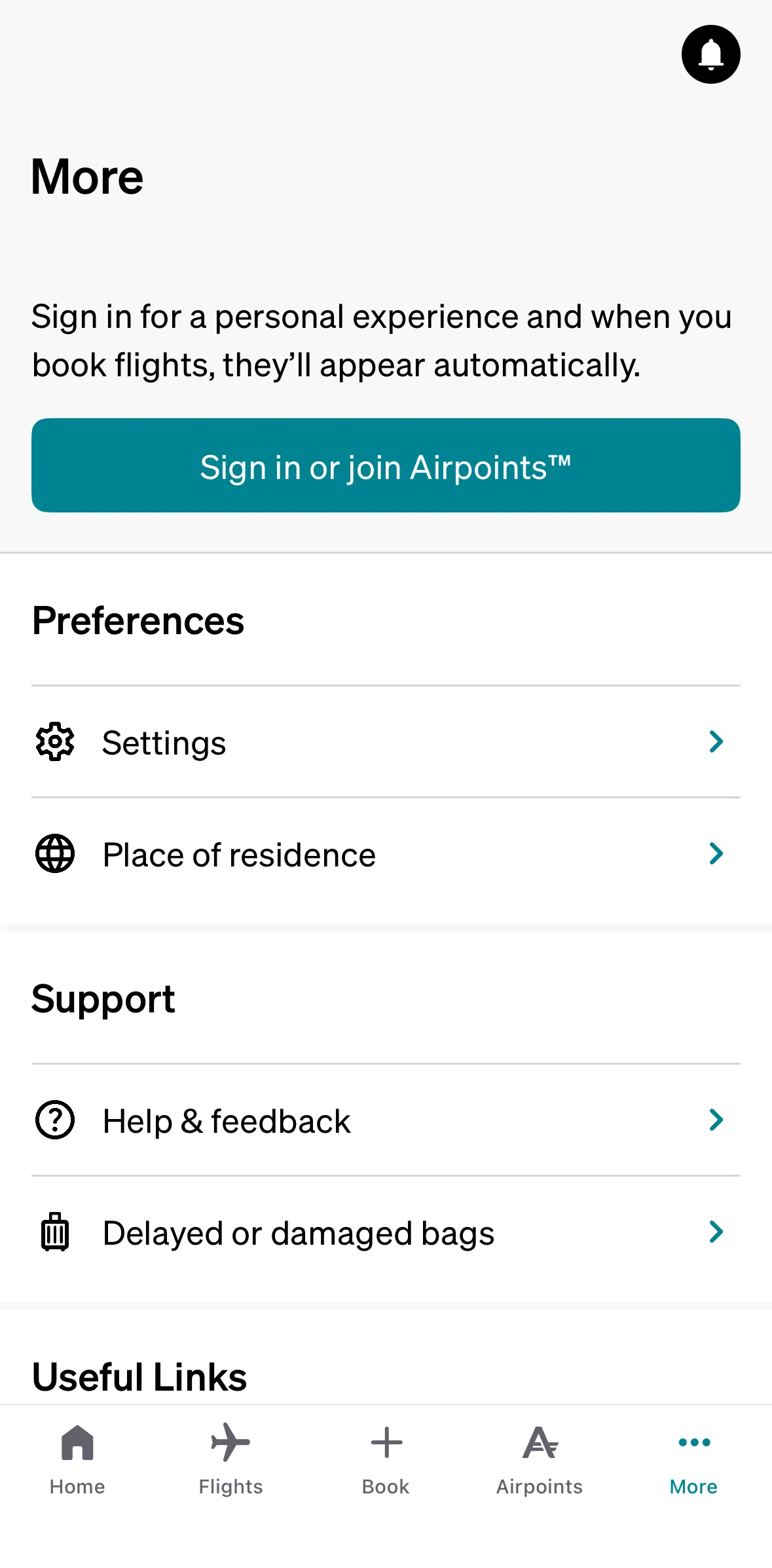 Air NZ Screen screen in the Settings flow