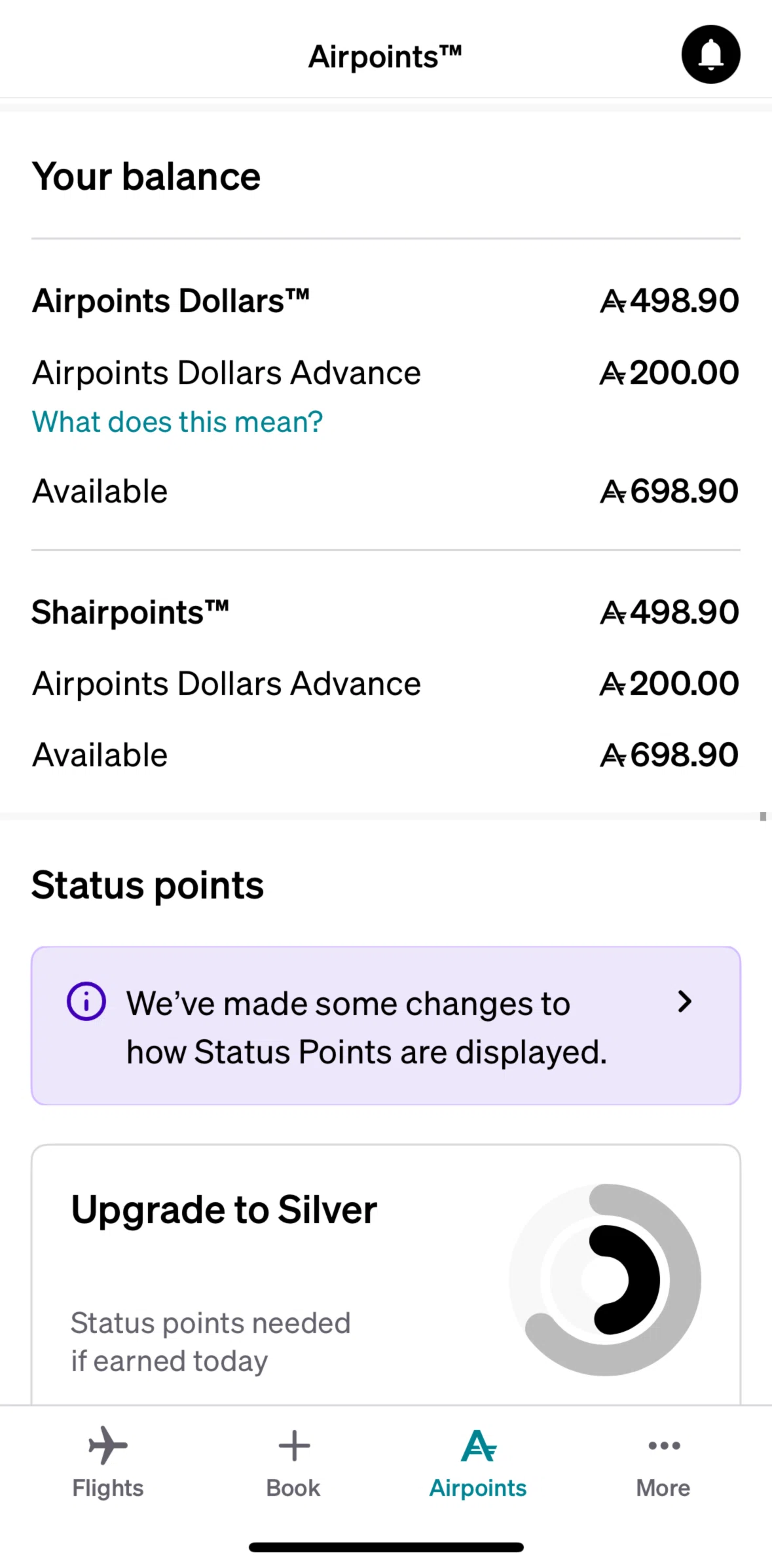 Air NZ Screen screen in the Status points info flow