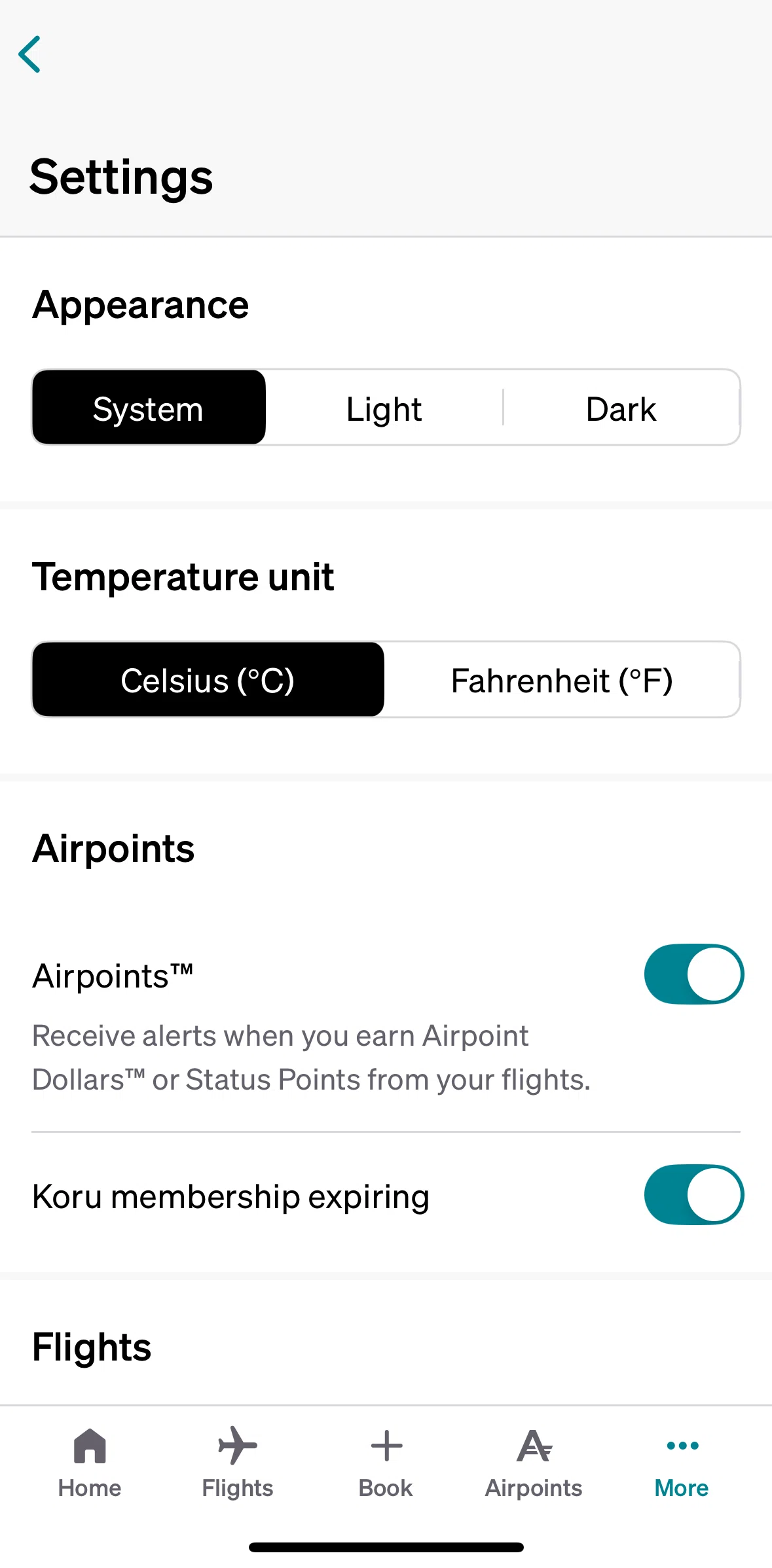 Air NZ Screen screen in the Switching to dark mode flow