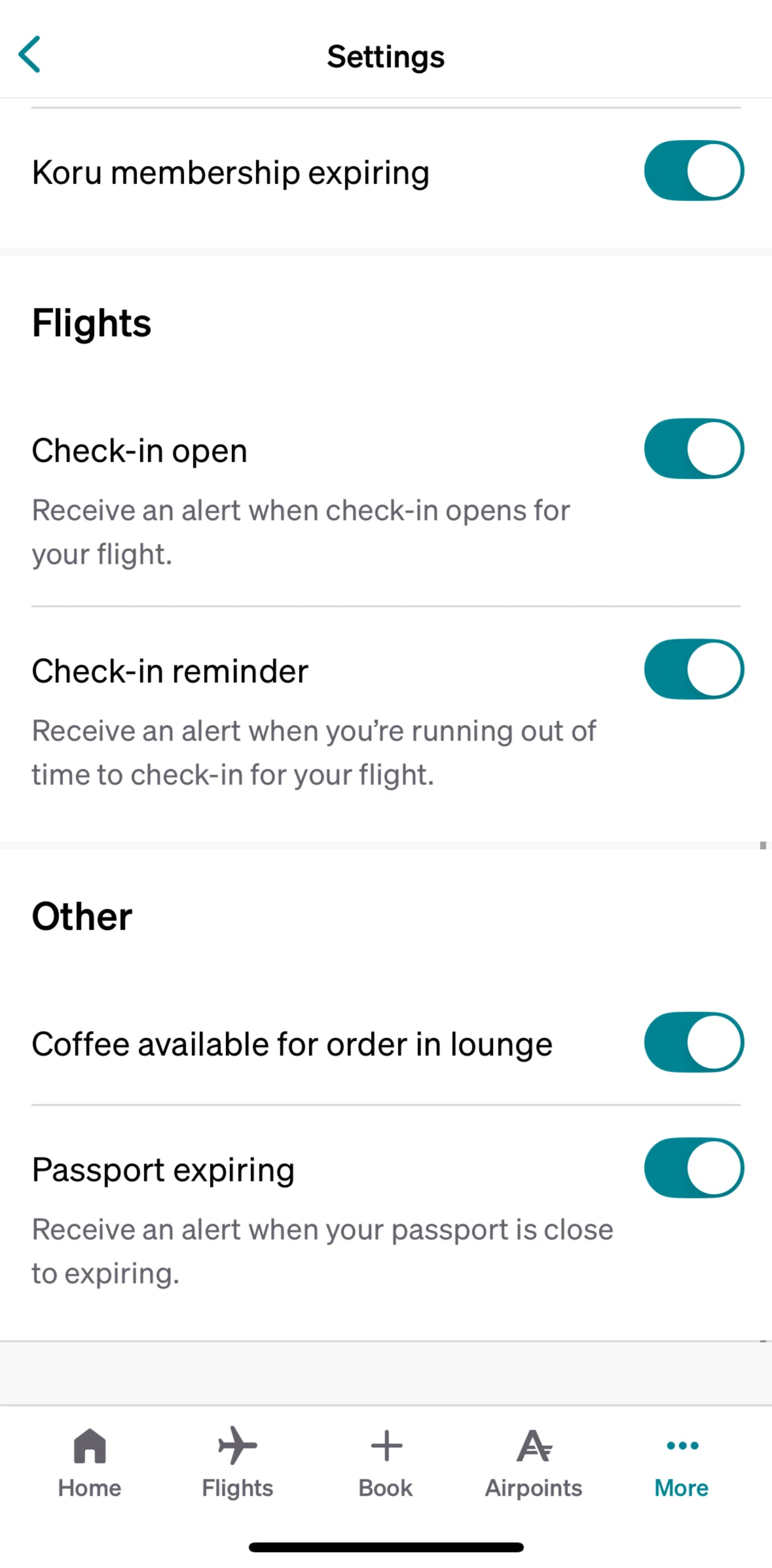 Air NZ Screen screen in the Turning off notification settings flow