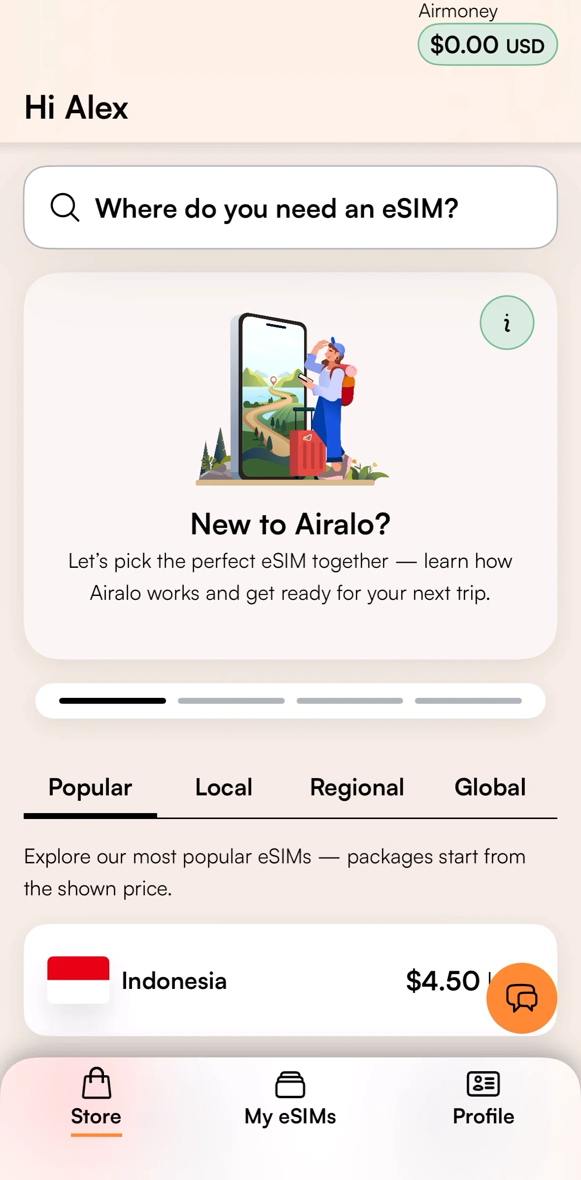 Airalo Screen screen in the Chatting with support flow