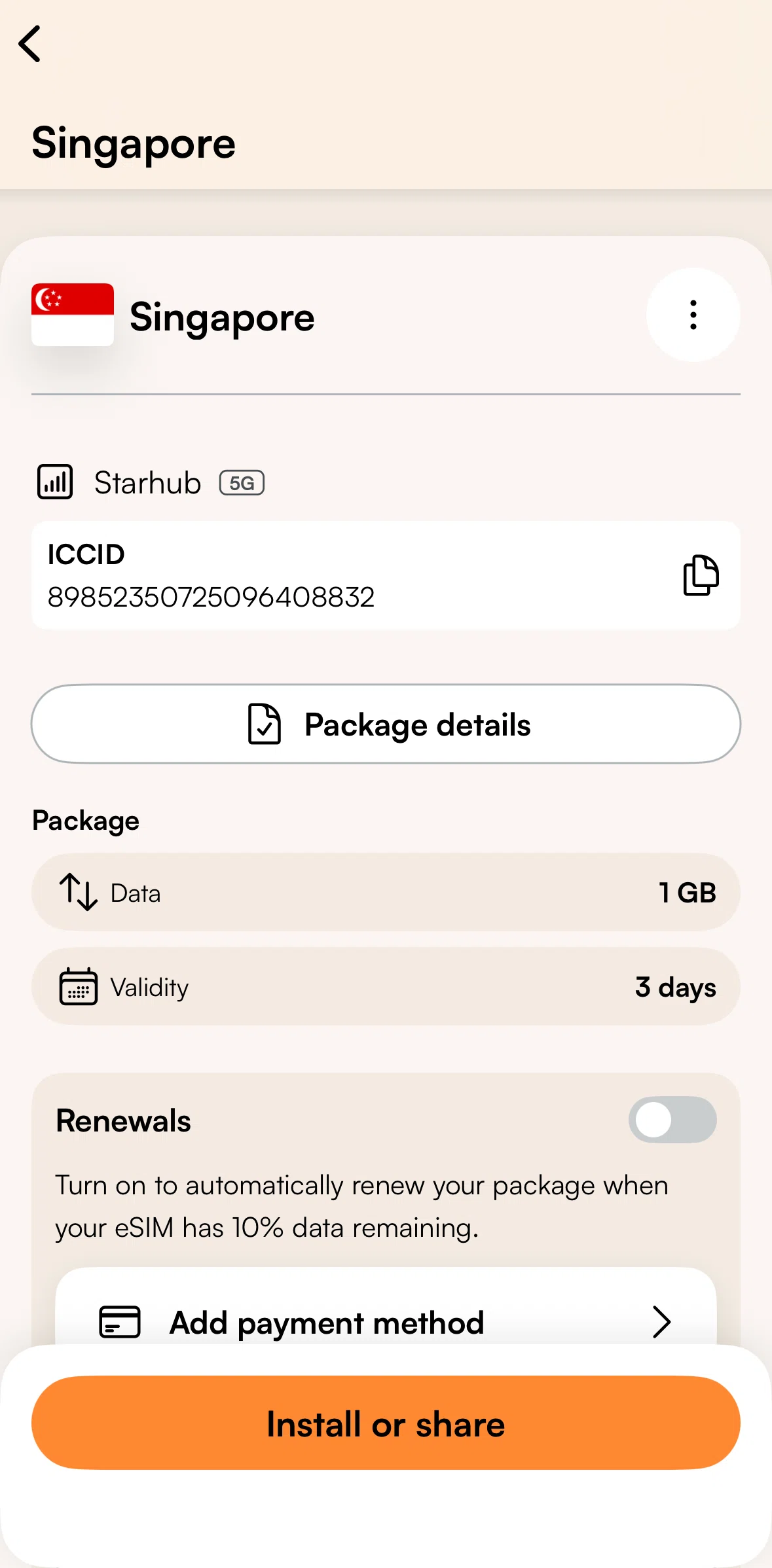 Airalo Screen screen in the Copying ICCID flow