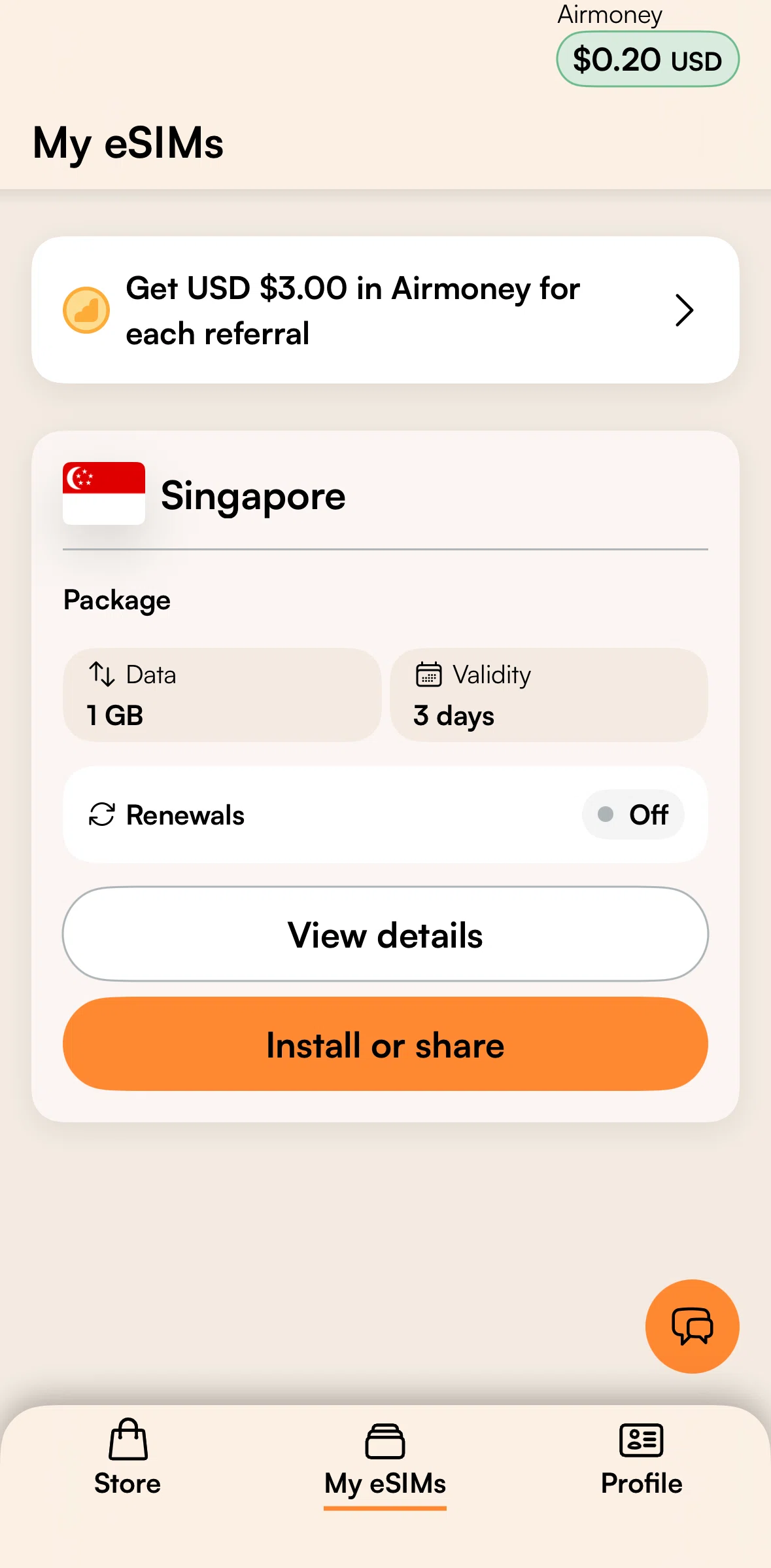 Airalo Screen screen in the Instaling an eSIM flow