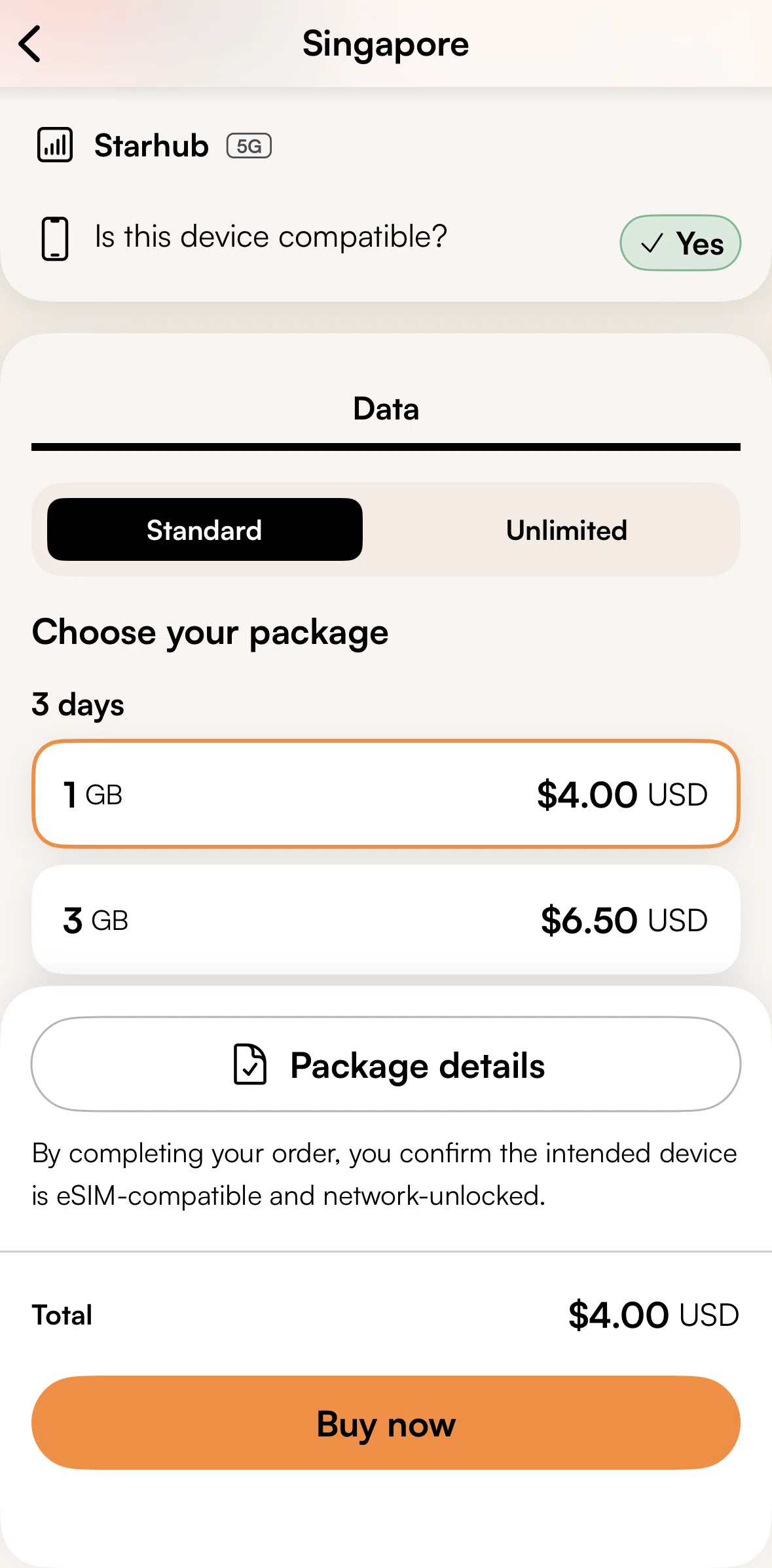 Airalo Screen screen in the Package details flow