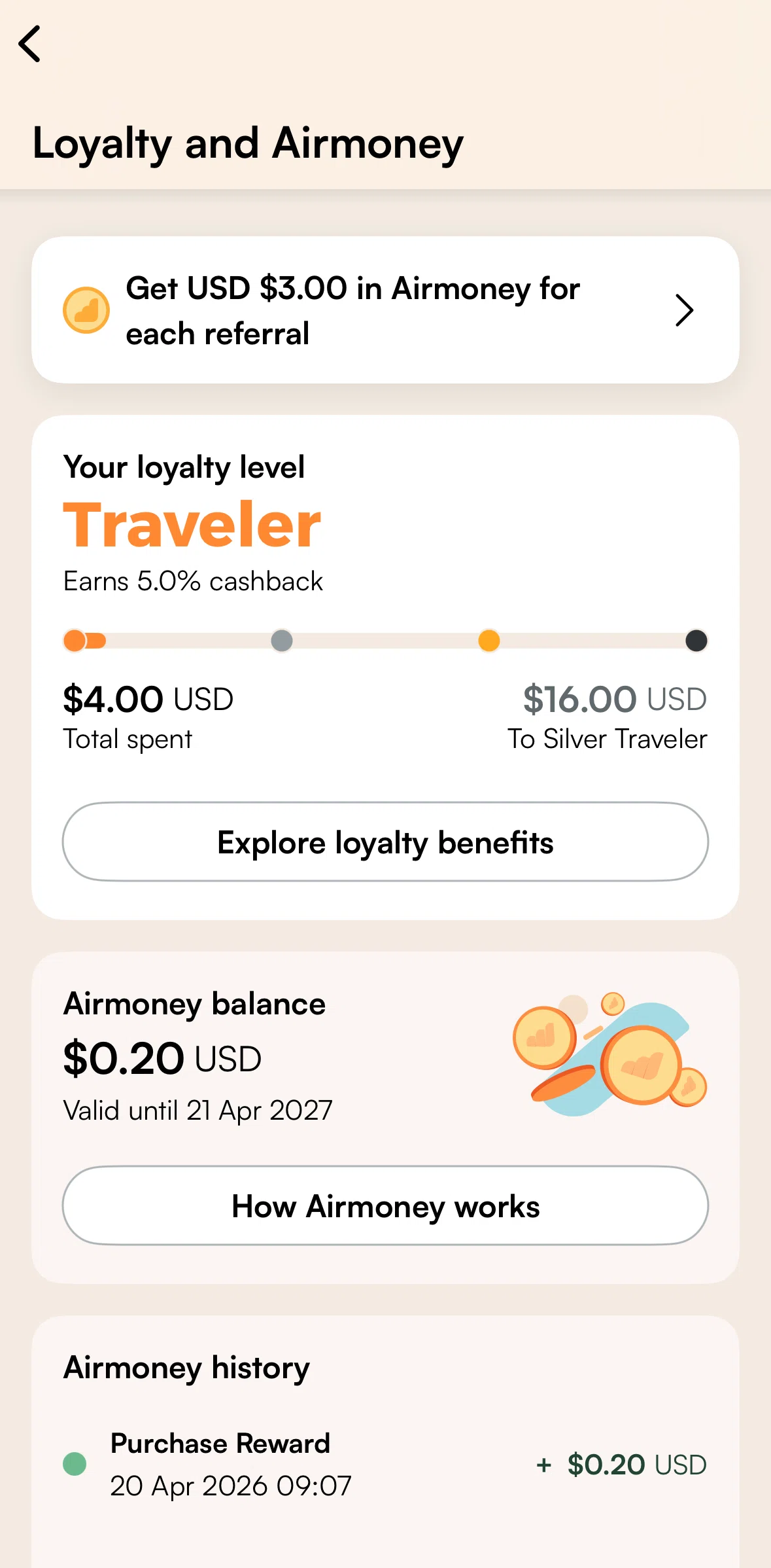 Airalo Screen screen in the Refer and earn flow
