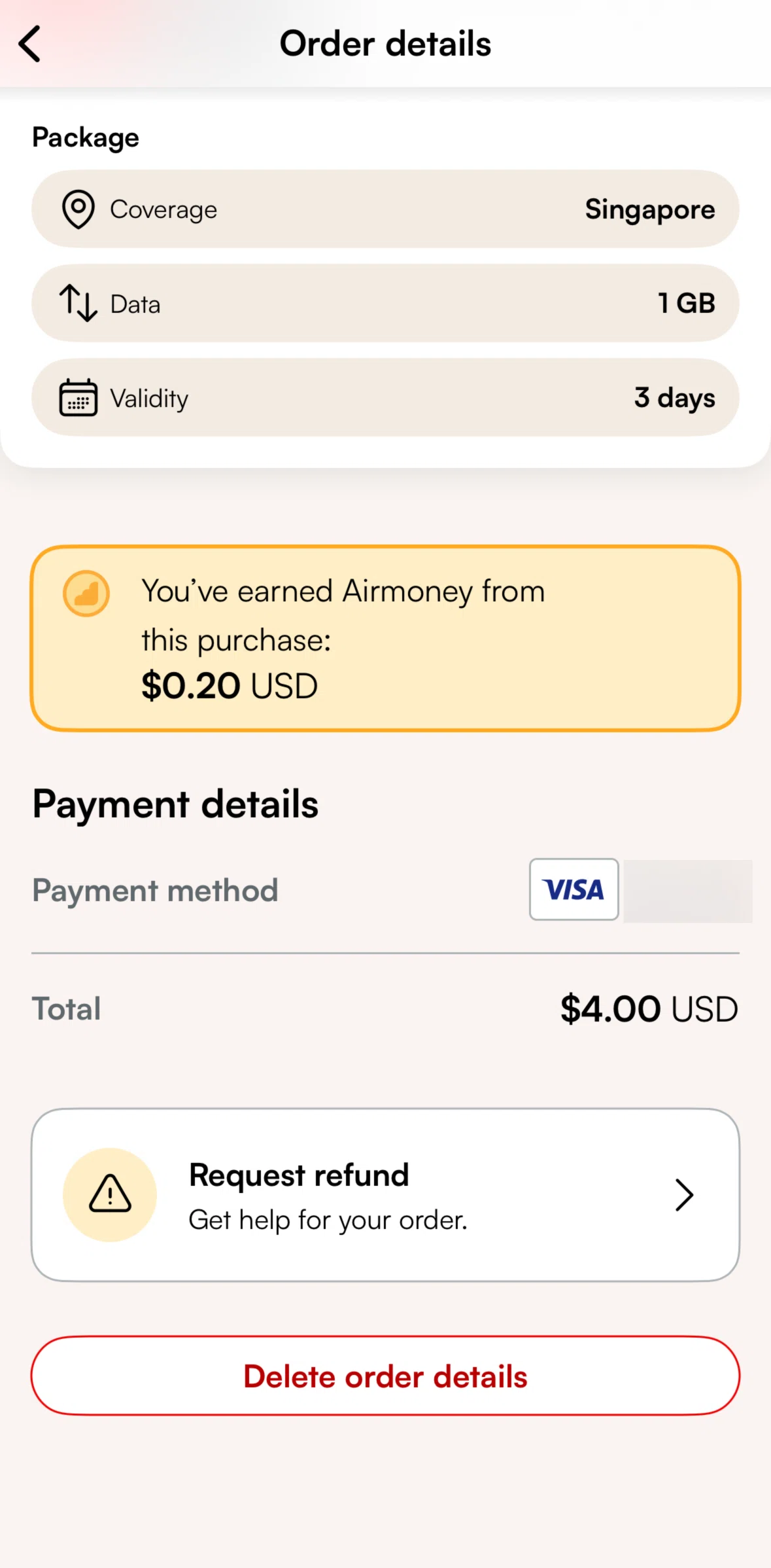Airalo Screen screen in the Requesting a refund flow