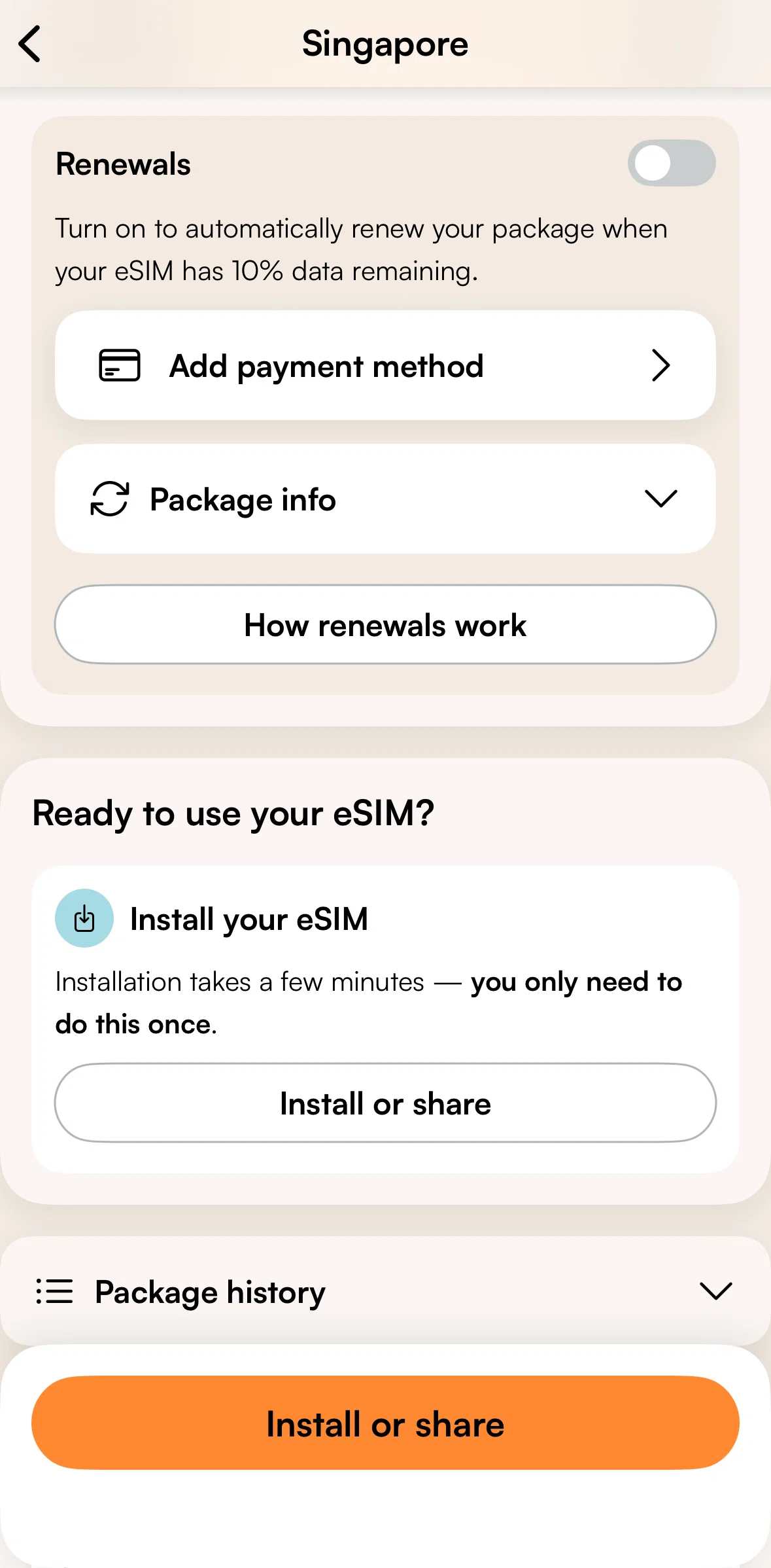 Airalo Screen screen in the Turning on renewals flow