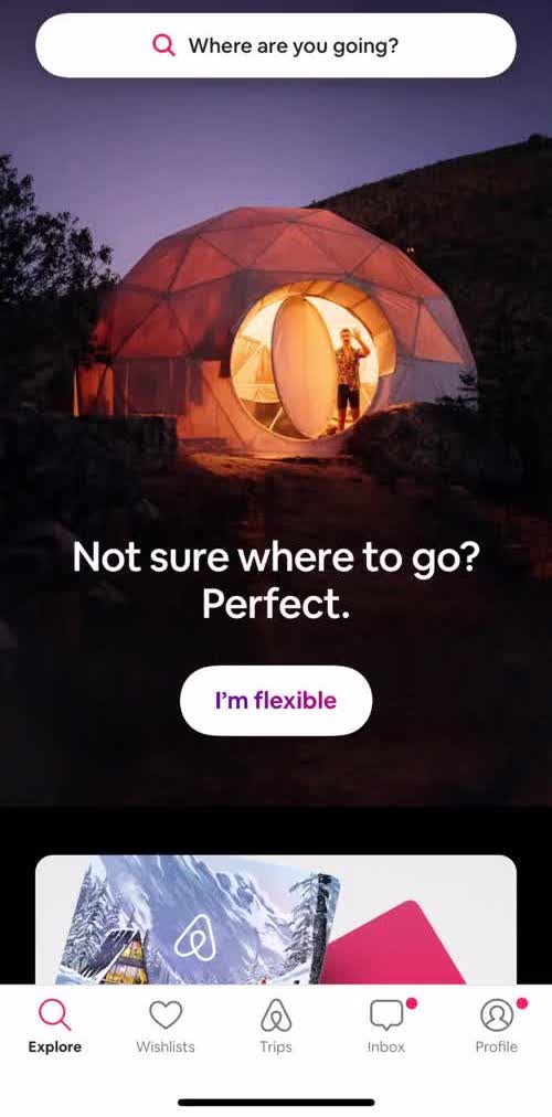 Airbnb Explore screen in the Buying A Gift Card flow