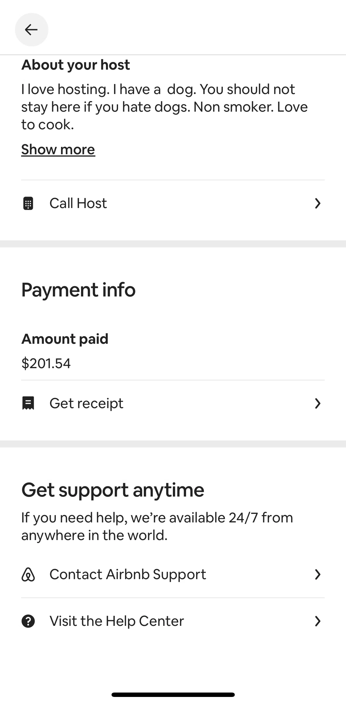Airbnb Screen screen in the Chatting with support flow