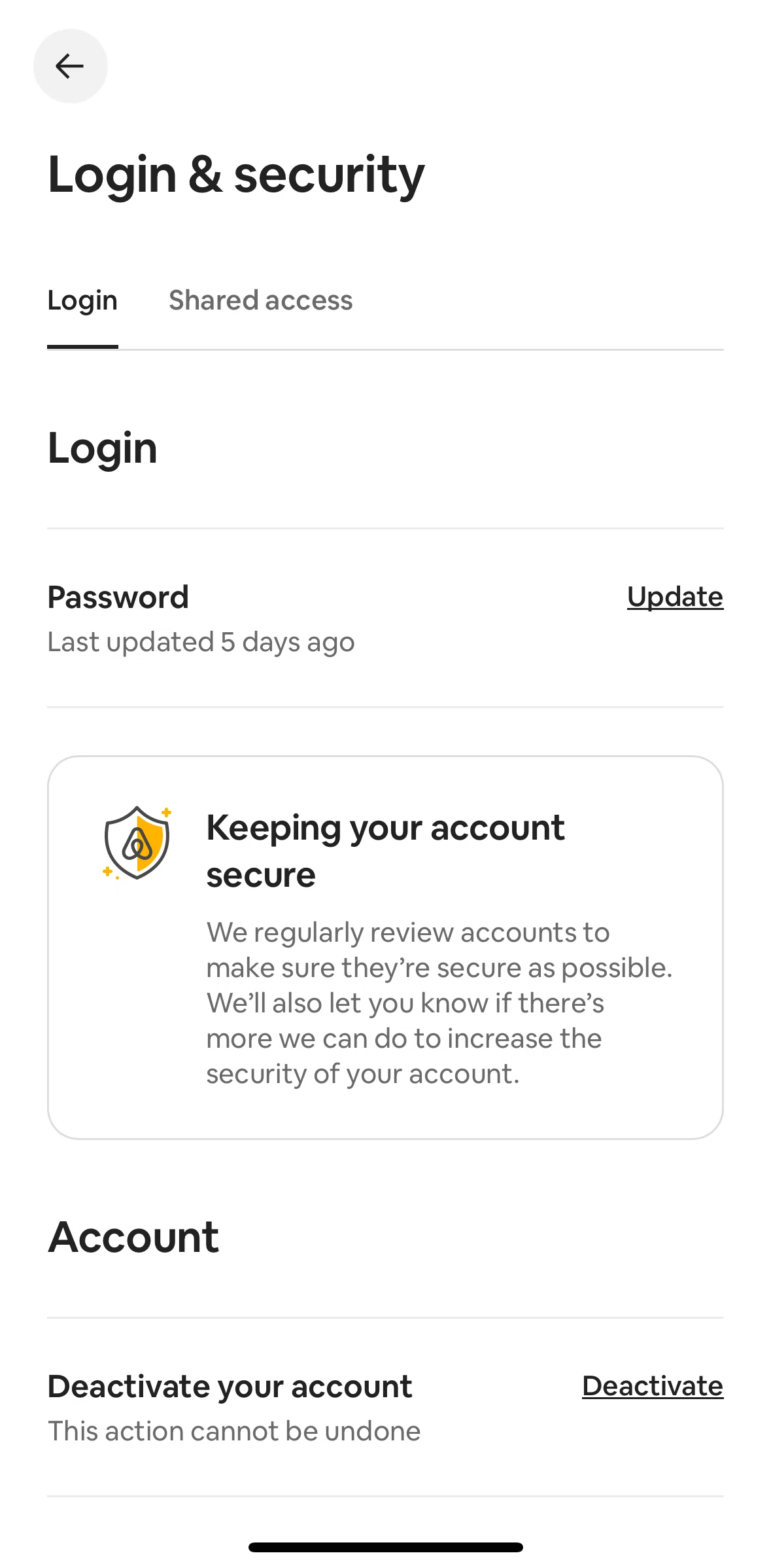 Airbnb Screen screen in the Deactivating an account flow