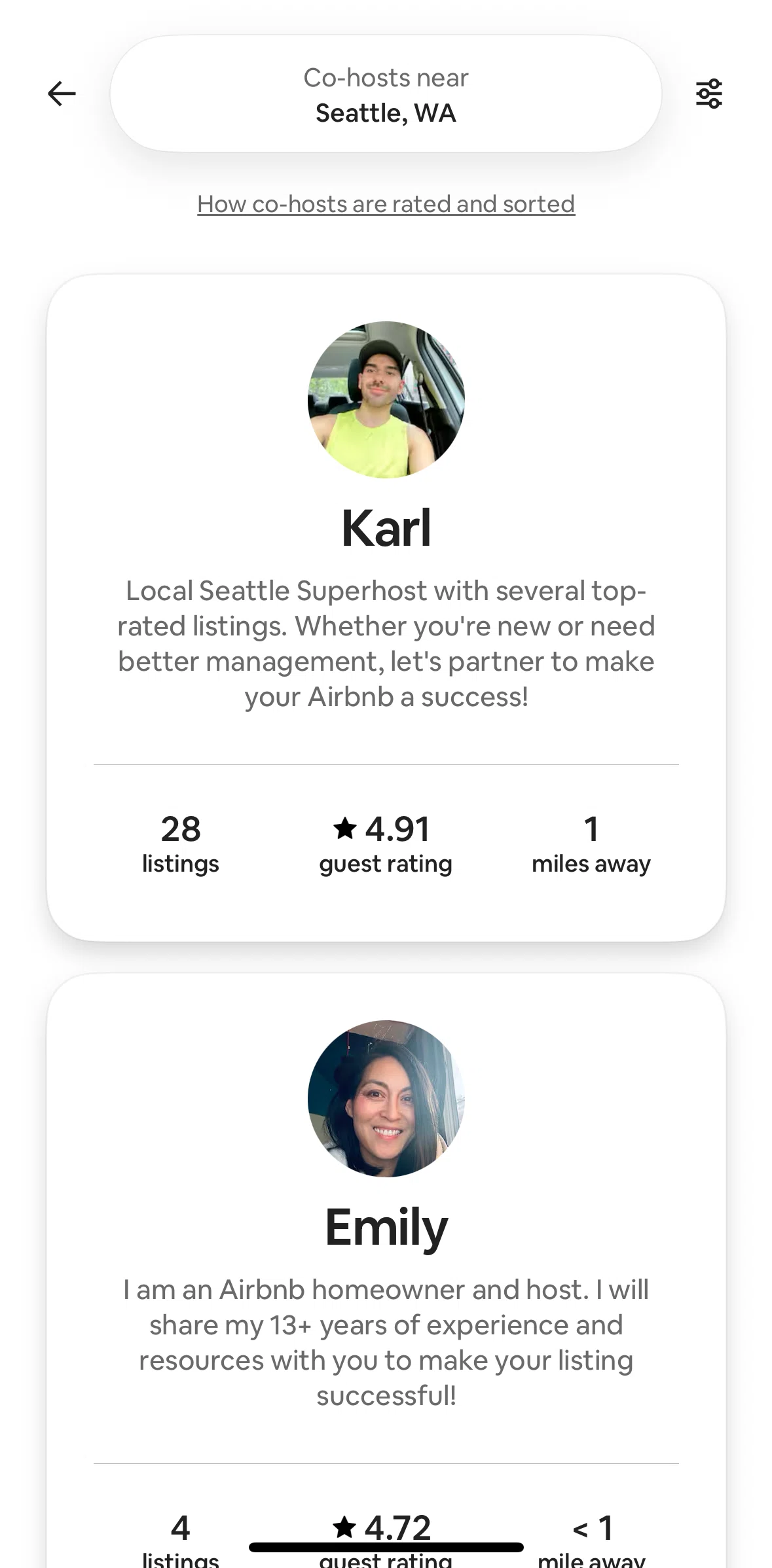 Airbnb Screen screen in the Filtering co-hosts flow