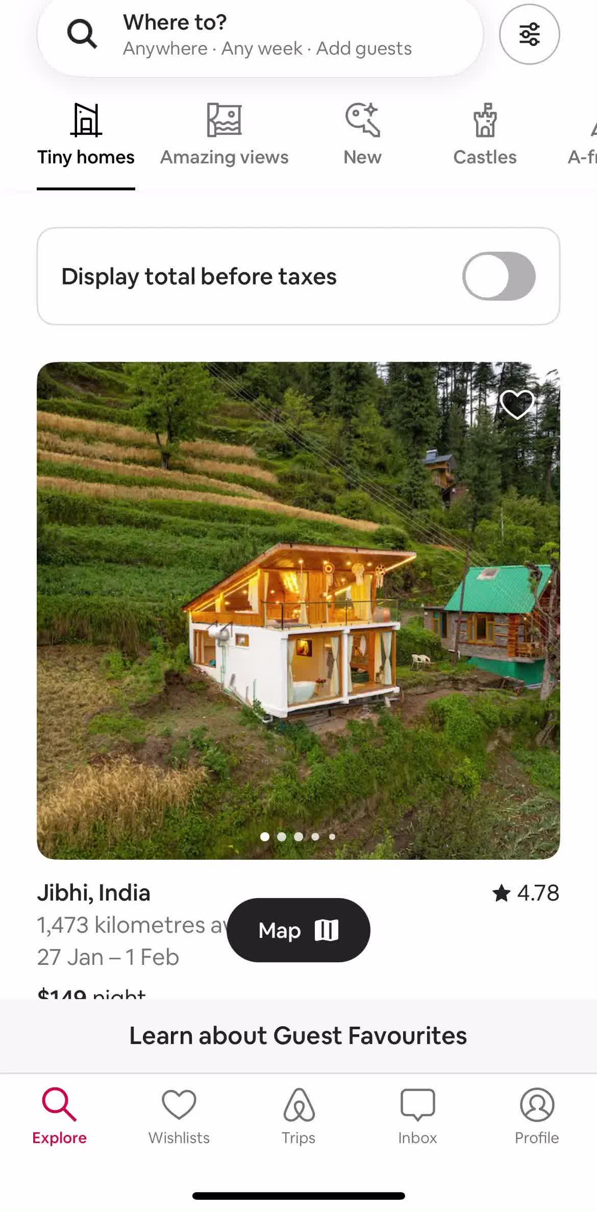 Airbnb Home screen in the General Browsing flow
