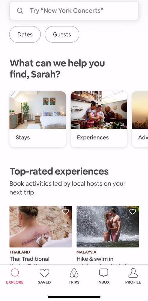 Airbnb Home feed screen in the Inviting People flow