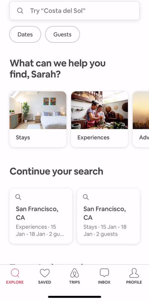 Airbnb Home feed screen in the Listing A Property flow