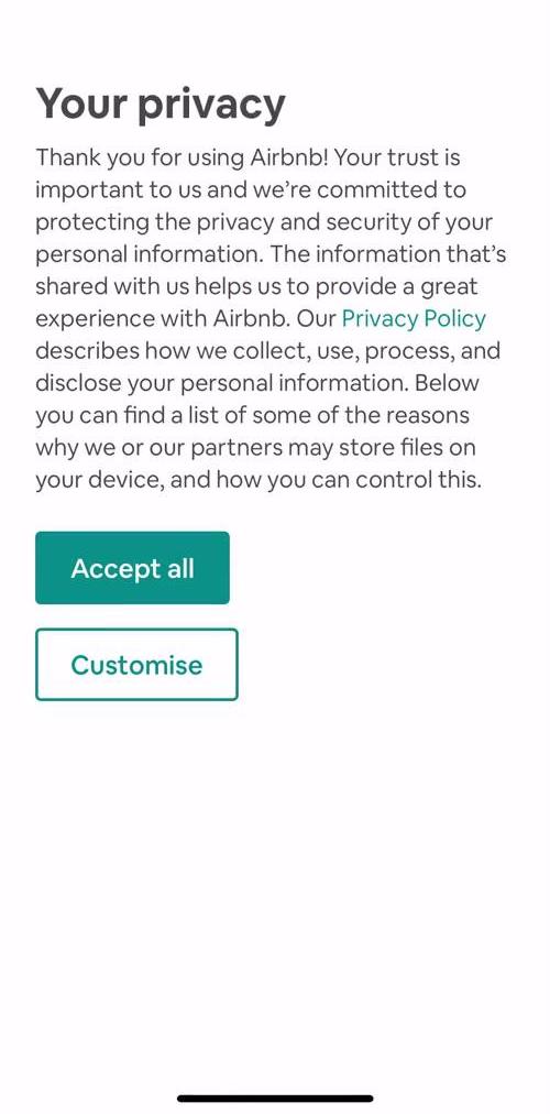 Airbnb Agree to terms screen in the Onboarding flow