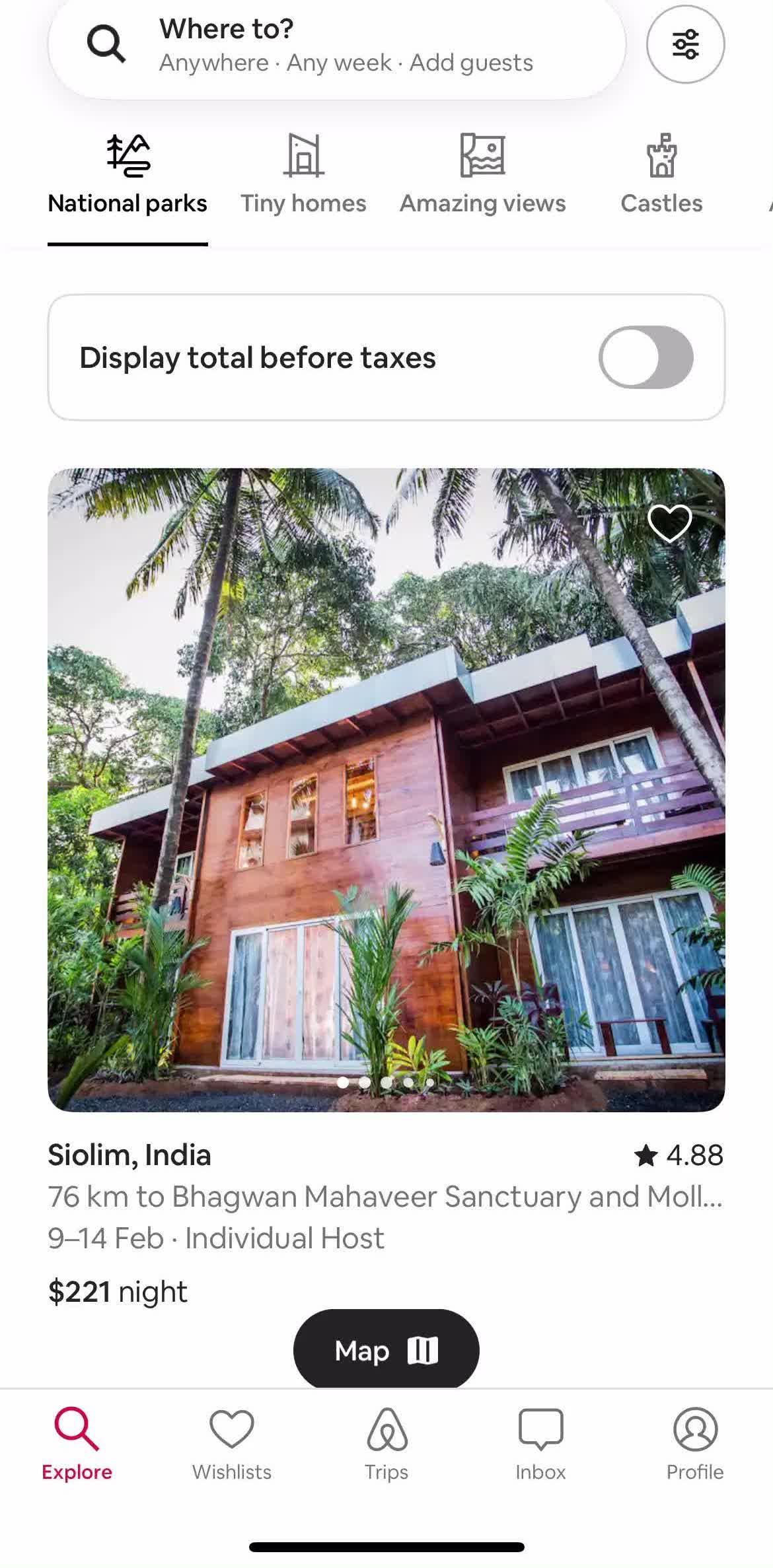 Airbnb Home screen in the Saving flow