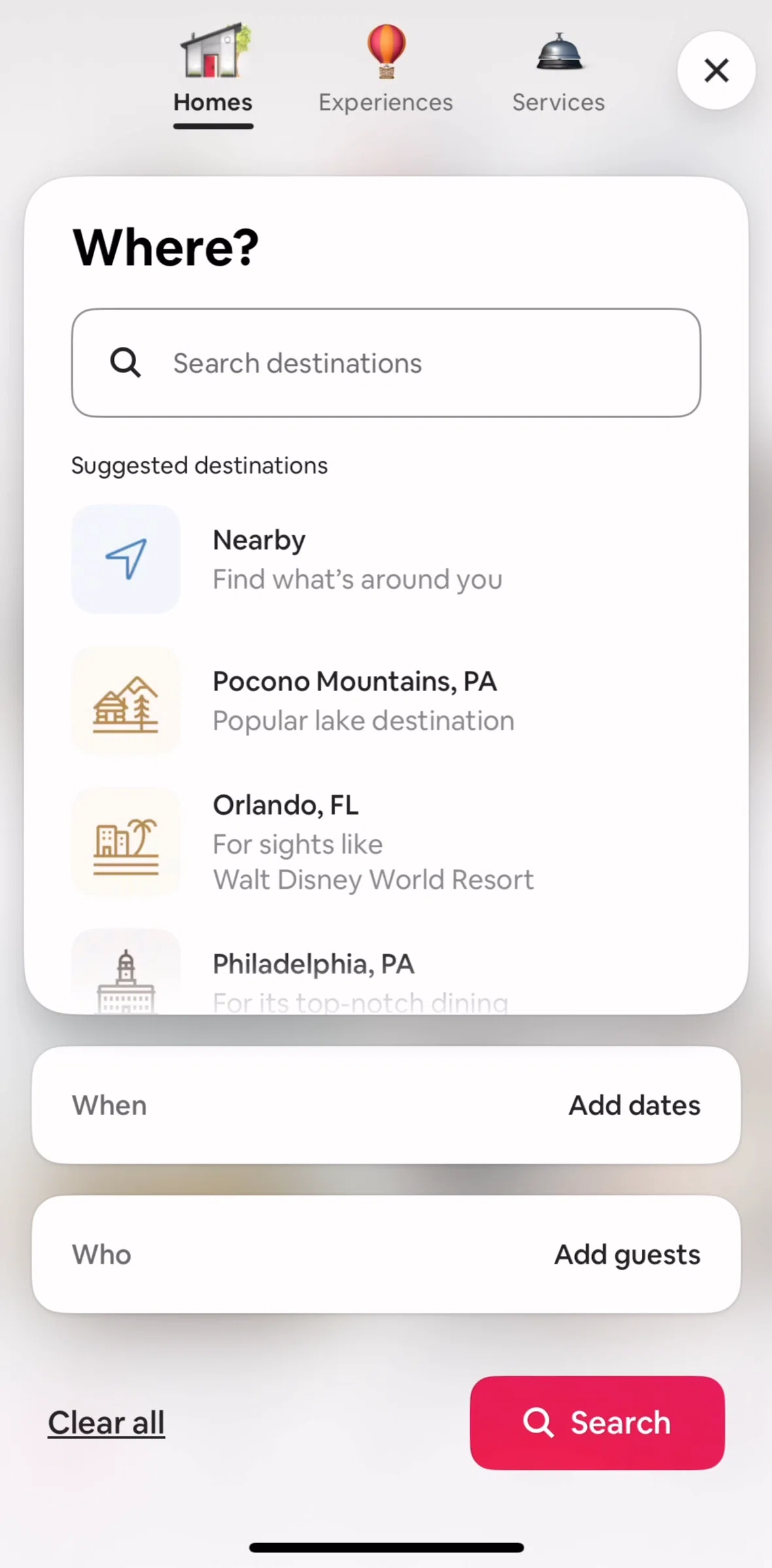 Airbnb Screen screen in the Searching experiences flow