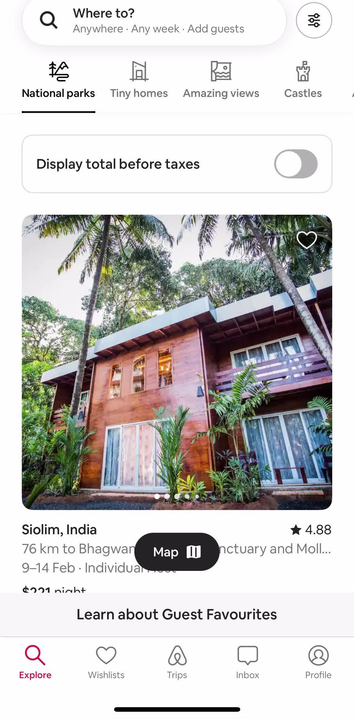 Airbnb Home screen in the Searching flow