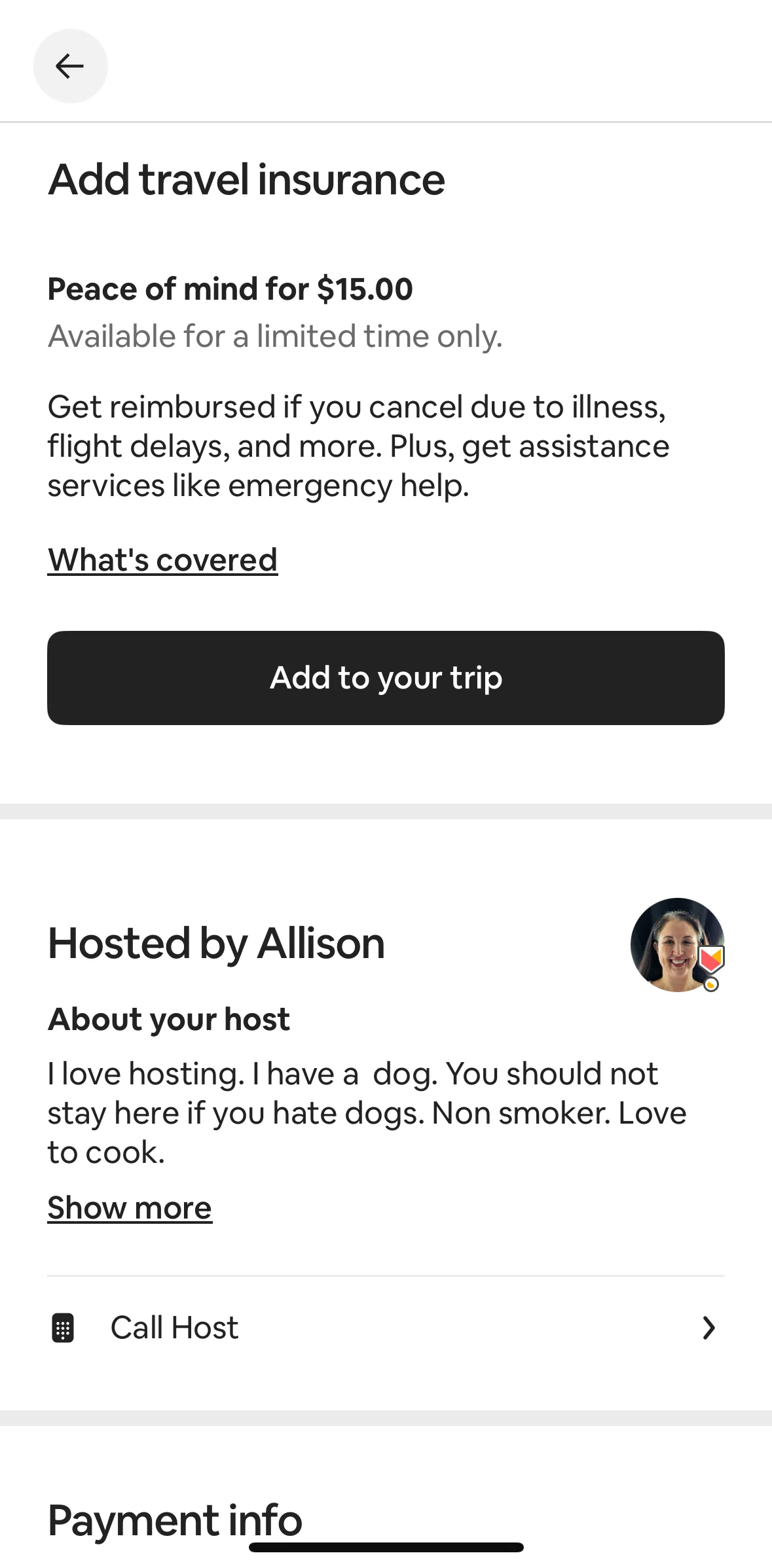 Airbnb Screen screen in the Travel insurance detail flow